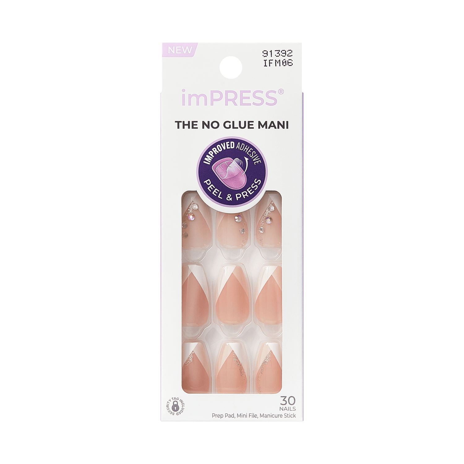 imPRESS French Press On Nails in nude shades with French tips, some featuring glitter and rhinestones, packaged in a white box highlighting no-glue application with improved adhesive.