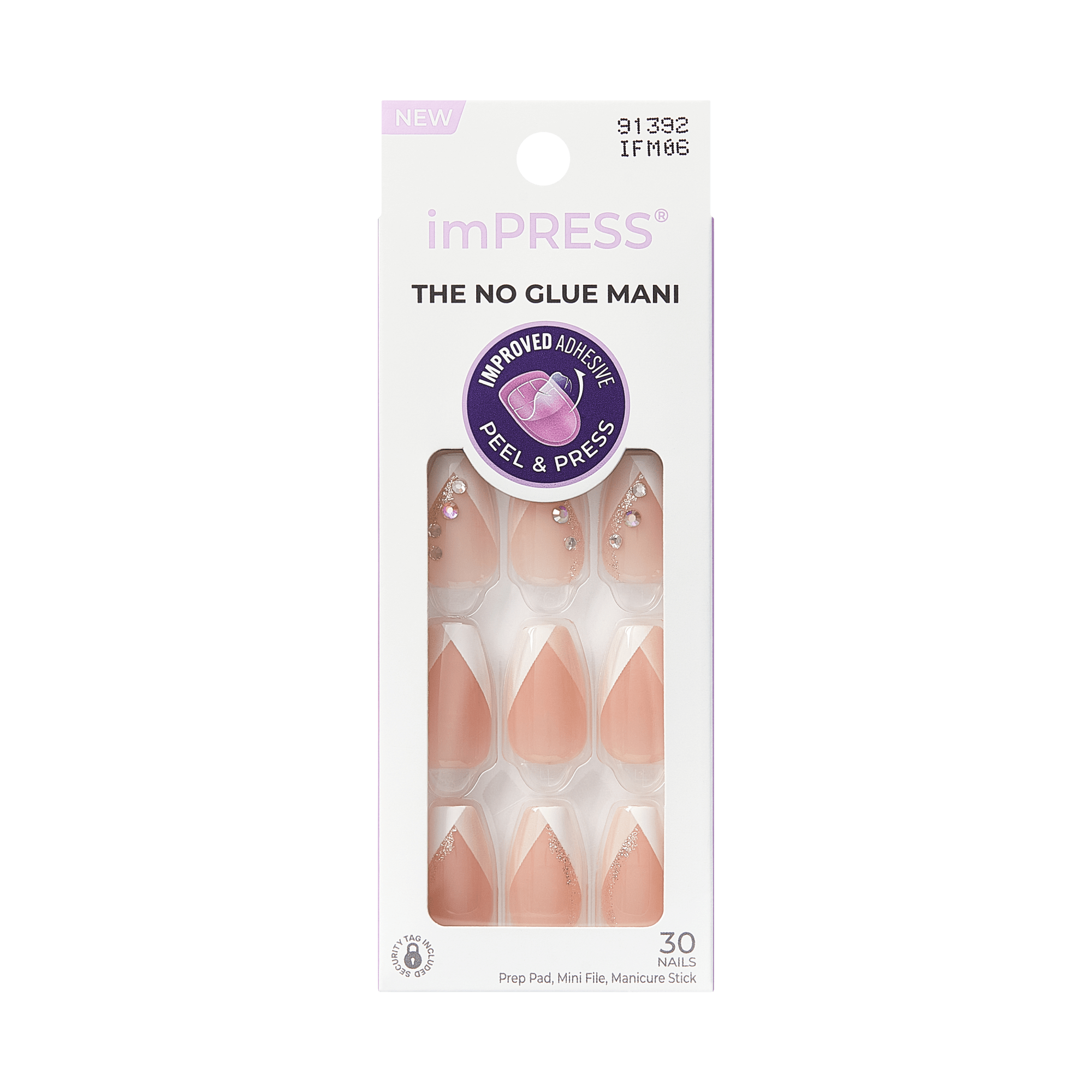 imPRESS French Press On Nails in nude shades with French tips, some featuring glitter and rhinestones, packaged in a white box highlighting no-glue application with improved adhesive.