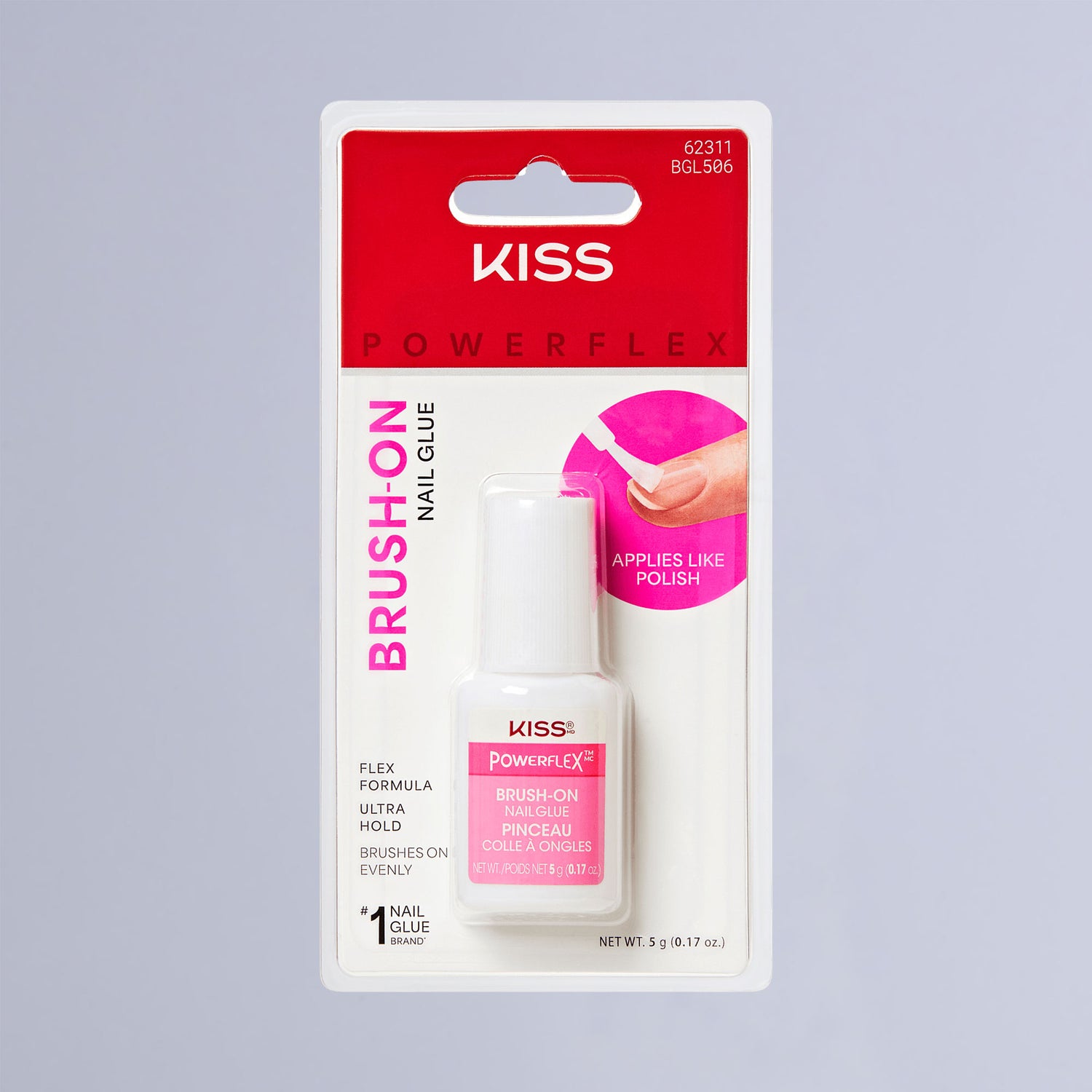 KISS PowerFlex Brush-On Nail Glue in white and pink packaging, claims flex formula, ultra hold, and applies like polish with brush applicator.