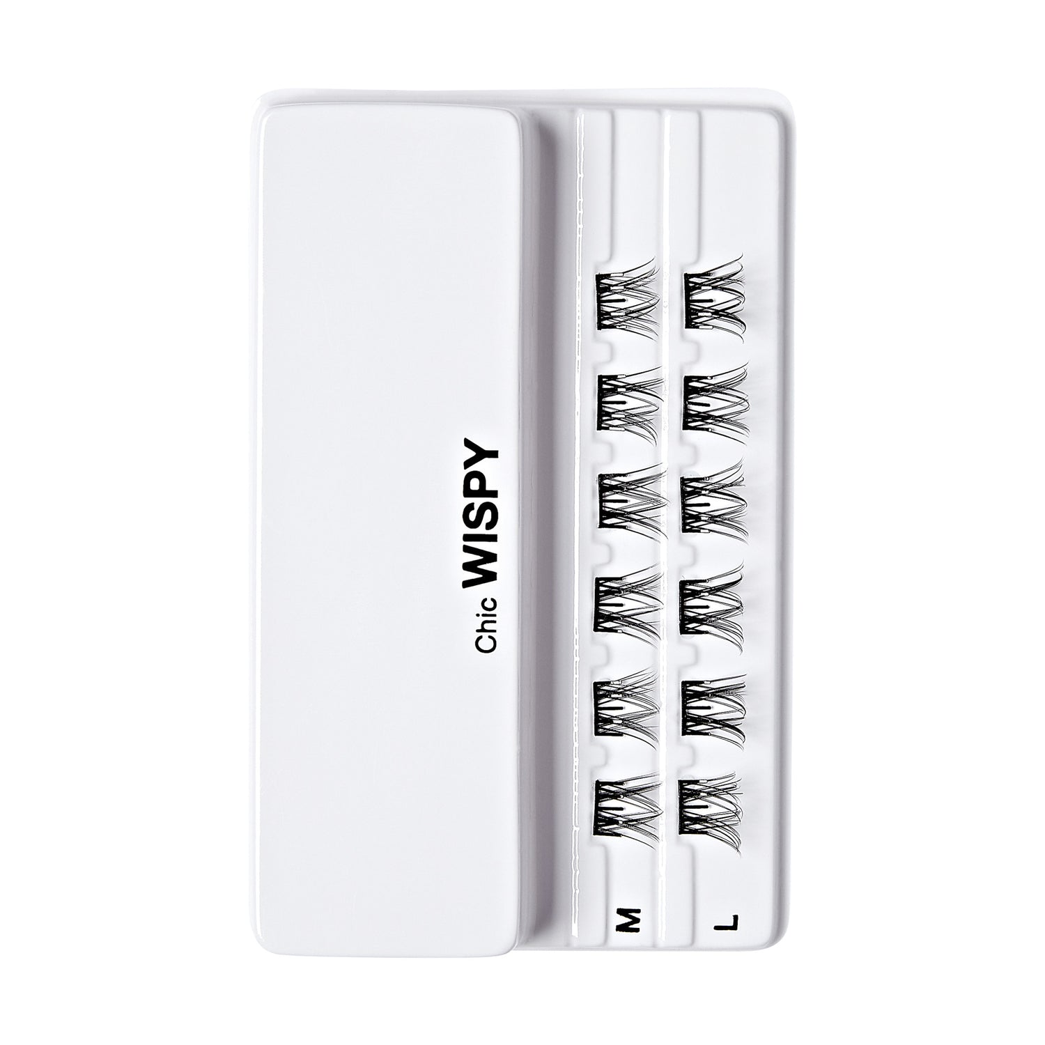 The image shows a white plastic case containing false eyelashes. The case is labeled "Chic WISPY" on the left side. Inside the case, there are three rows of false eyelashes, each row labeled with a different size: "M" for medium, and "L" for large. The eyelashes are neatly arranged in pairs within each row. The overall design is clean and minimalistic.