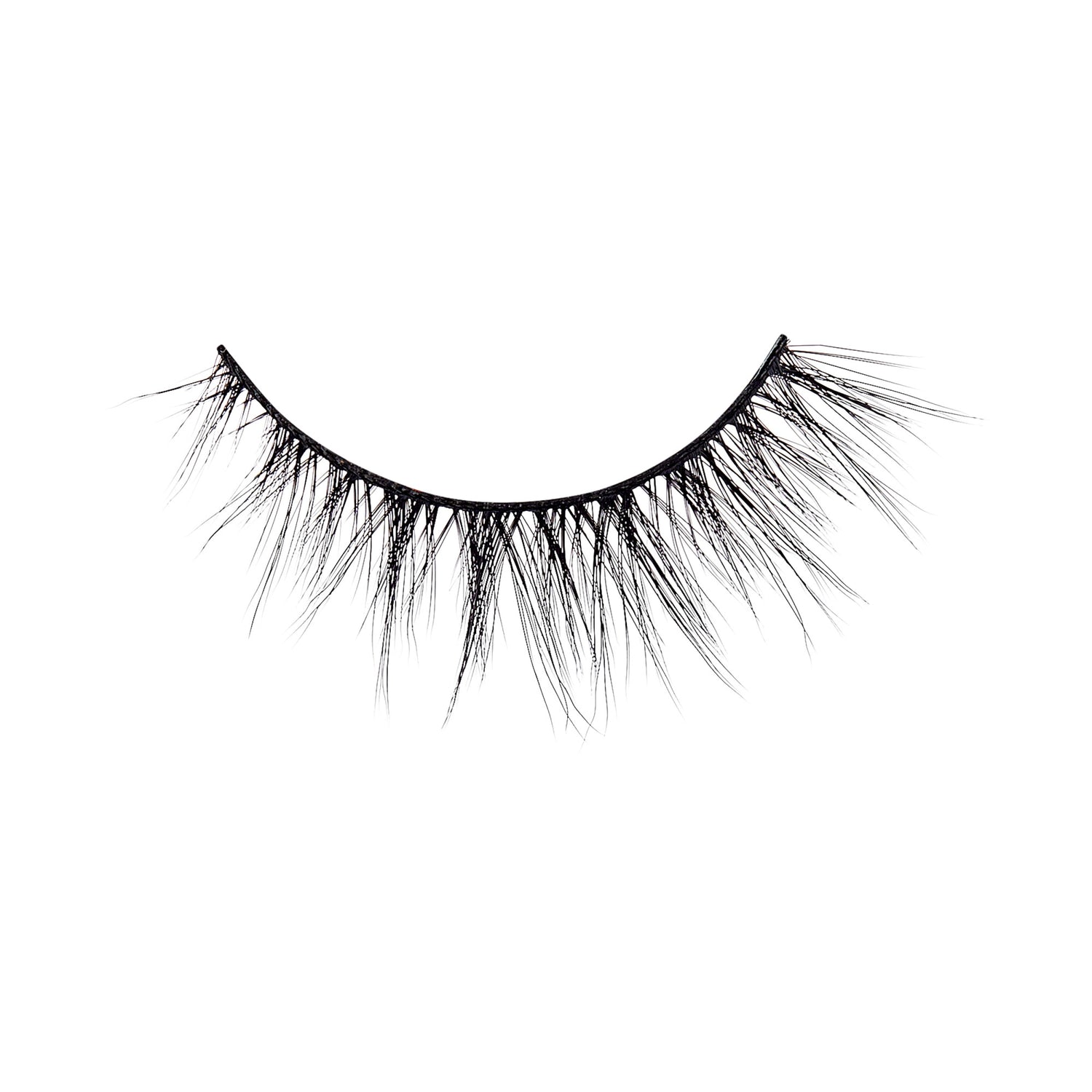The image shows a single false eyelash. The eyelash is black and features a wispy, voluminous design with varying lengths of individual lashes. The base of the eyelash is a thin, flexible strip that is used to adhere the false eyelash to the eyelid. The lashes are arranged in a natural, fluttery pattern, giving a dramatic and full appearance.