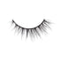 The image shows a single false eyelash. The eyelash is black and features a wispy, voluminous design with varying lengths of individual lashes. The base of the eyelash is a thin, flexible strip that is used to adhere the false eyelash to the eyelid. The lashes are arranged in a natural, fluttery pattern, giving a dramatic and full appearance.