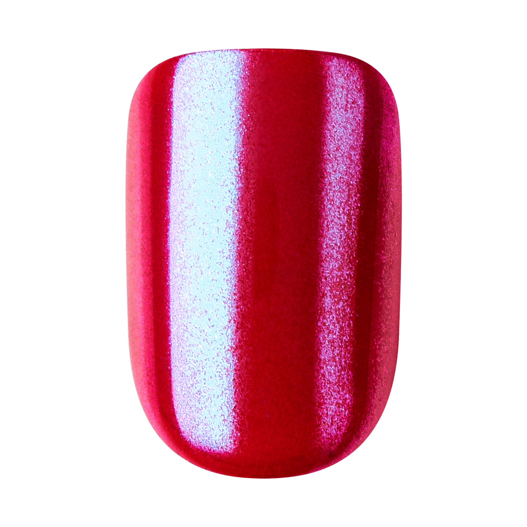 The image shows a close-up of a single fingernail painted with a glossy, metallic red nail polish. The surface of the nail is smooth and shiny, reflecting light to create a gradient effect that enhances the metallic finish. The color is vibrant and eye-catching, with a rich, deep red hue. The nail is well-manicured, with a clean and even shape.