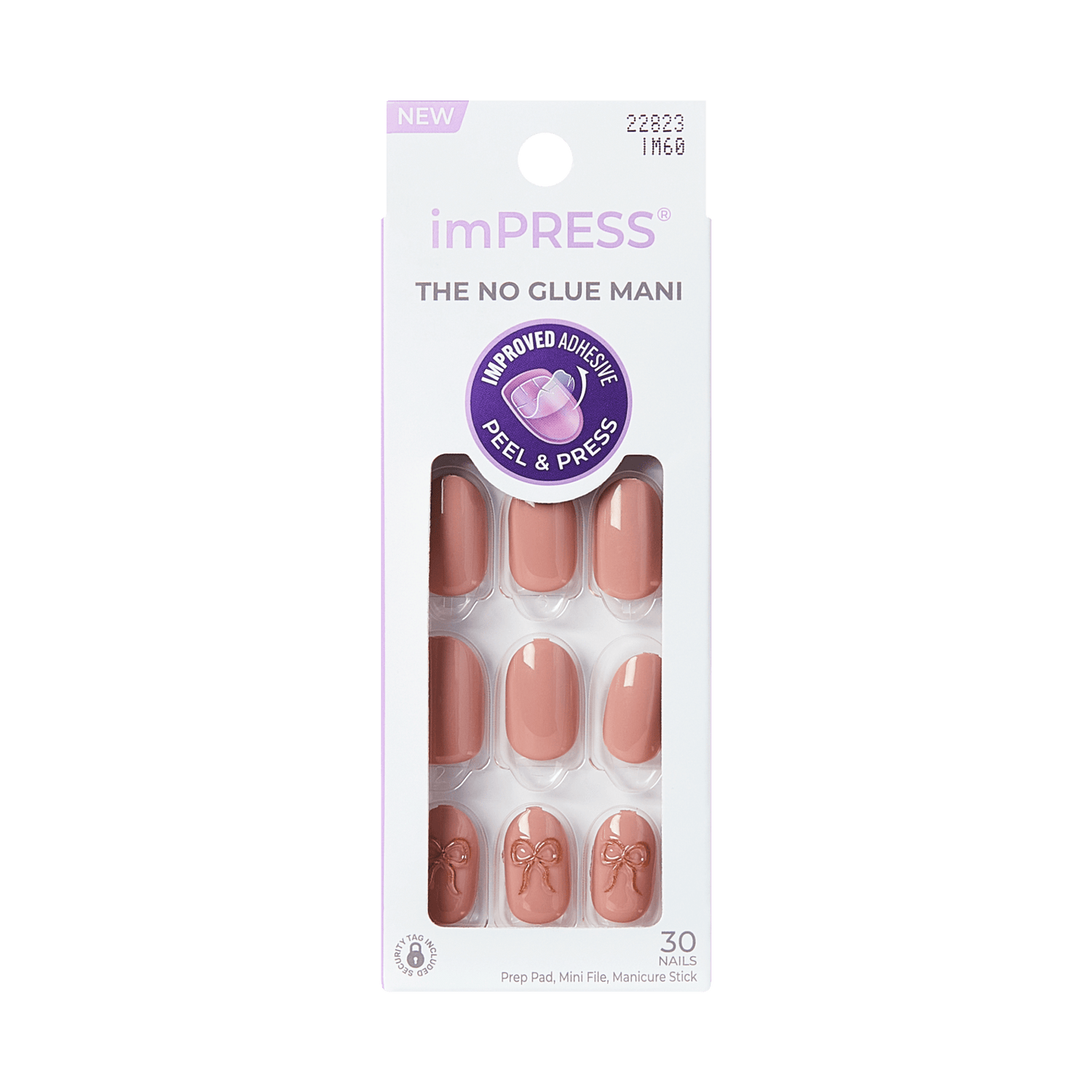imPRESS The No Glue Mani press-on nails in nude with bow design, 30 nails