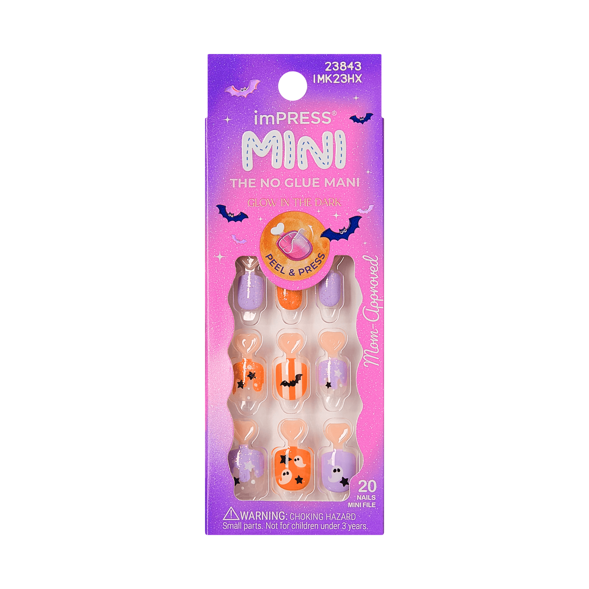Impress Kids Halloween No Glue Fake Press On Nails - Boo! | Design, Purple &amp; Orange, Kids, Squoval, Glow In The Dark, Manicure