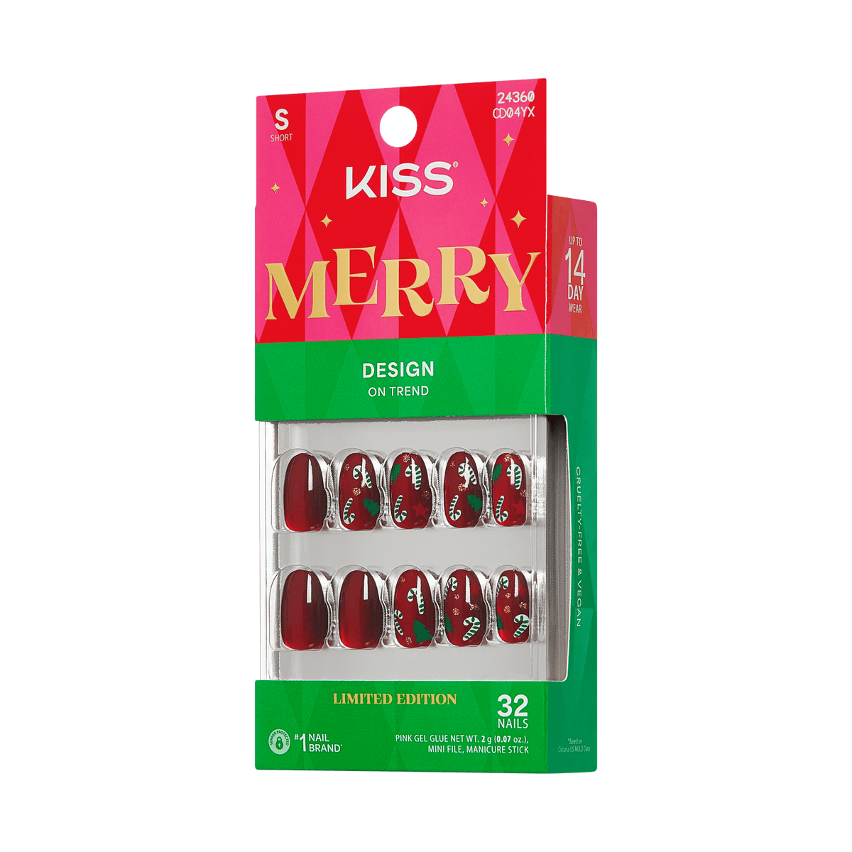 Kiss Merry Holiday Press On Fake Glue Nails - Sleigh My Name | Design, Red, Short, Round
