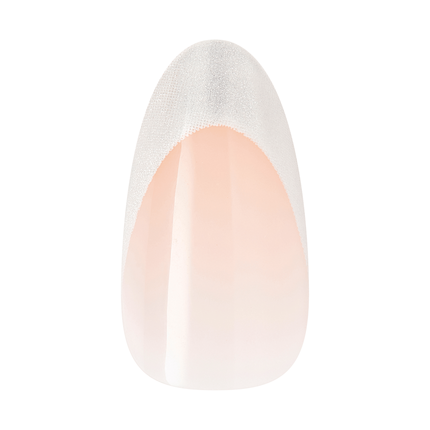 Almond-shaped nail with white glitter tip and nude base