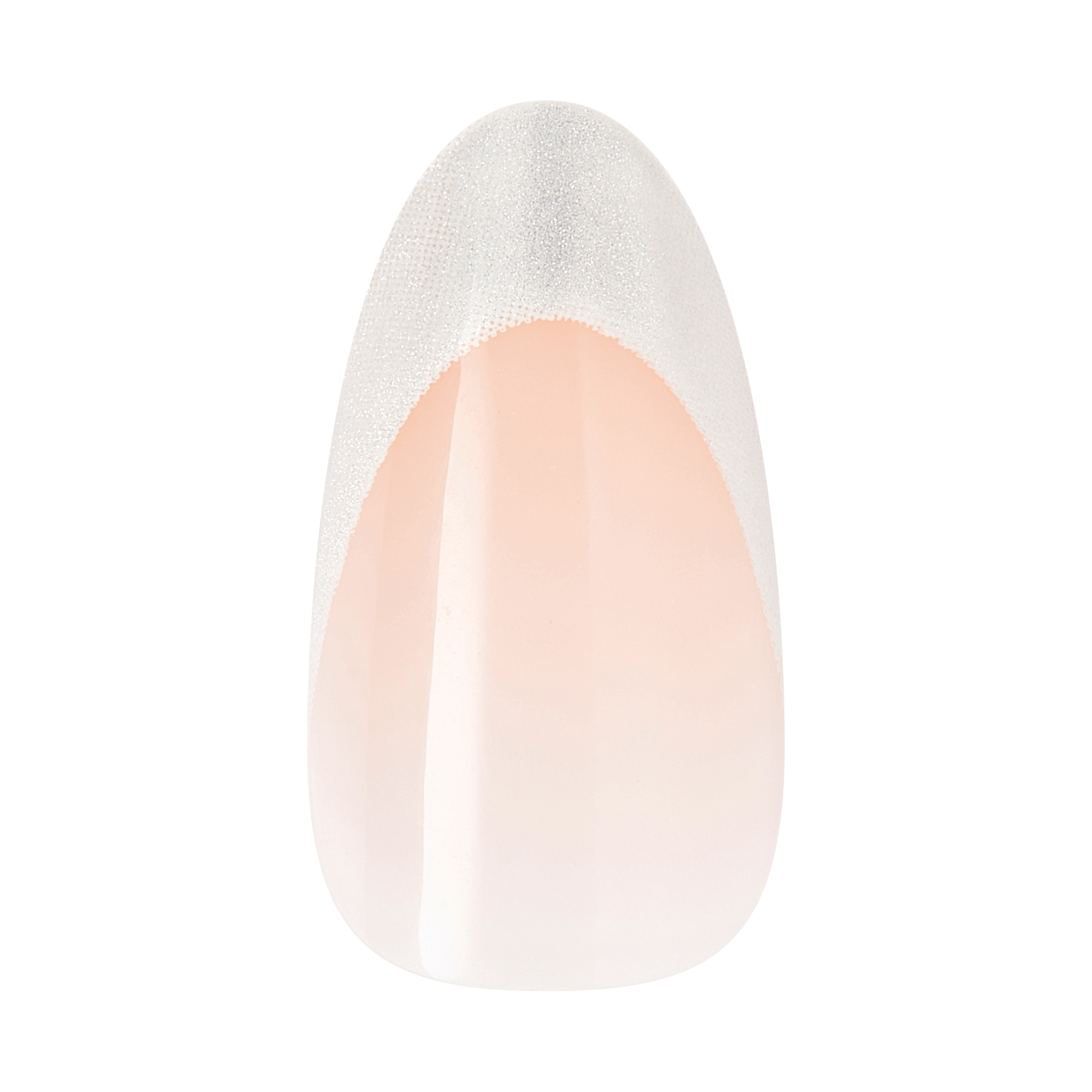 Almond-shaped nail with white glitter tip and nude base