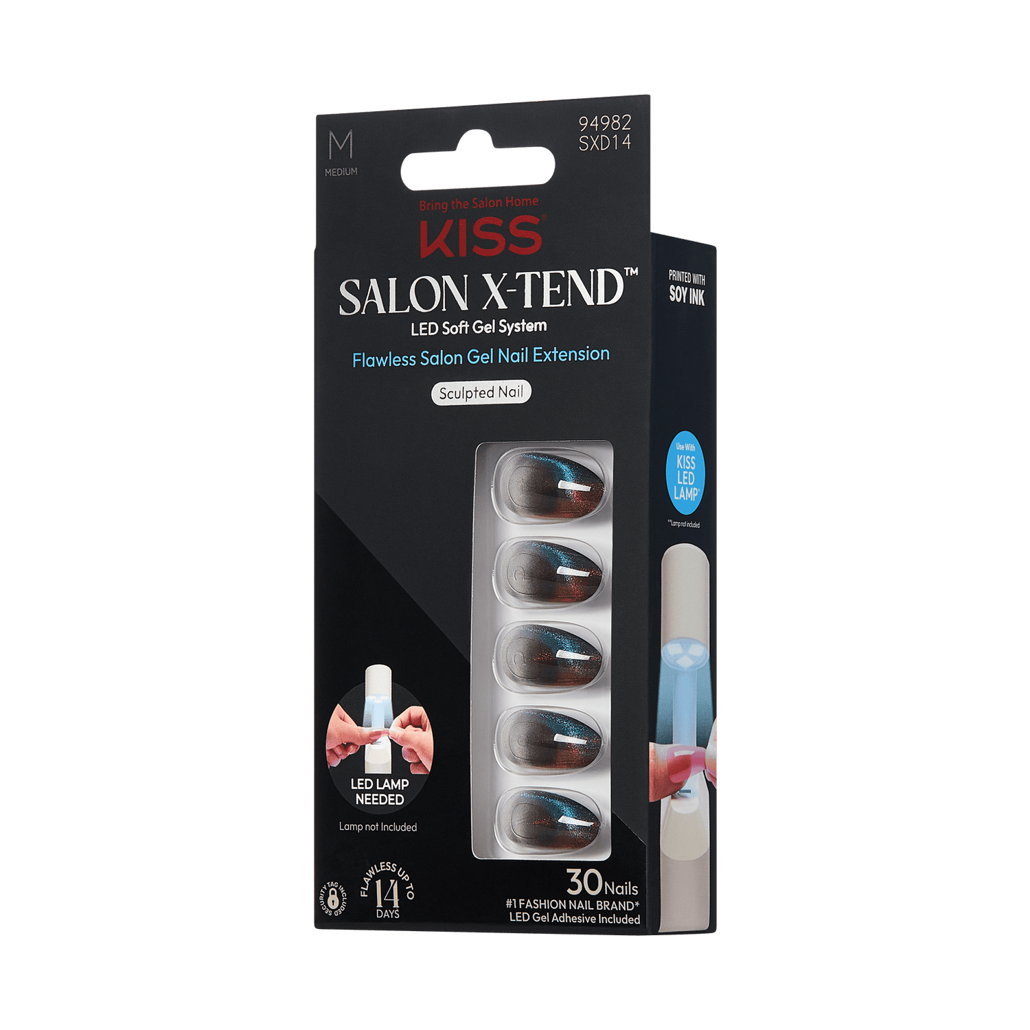 KISS Salon X-TEND medium press-on gel nails in dark ombre blue and red, packaged for LED soft gel application with 30 nails included.