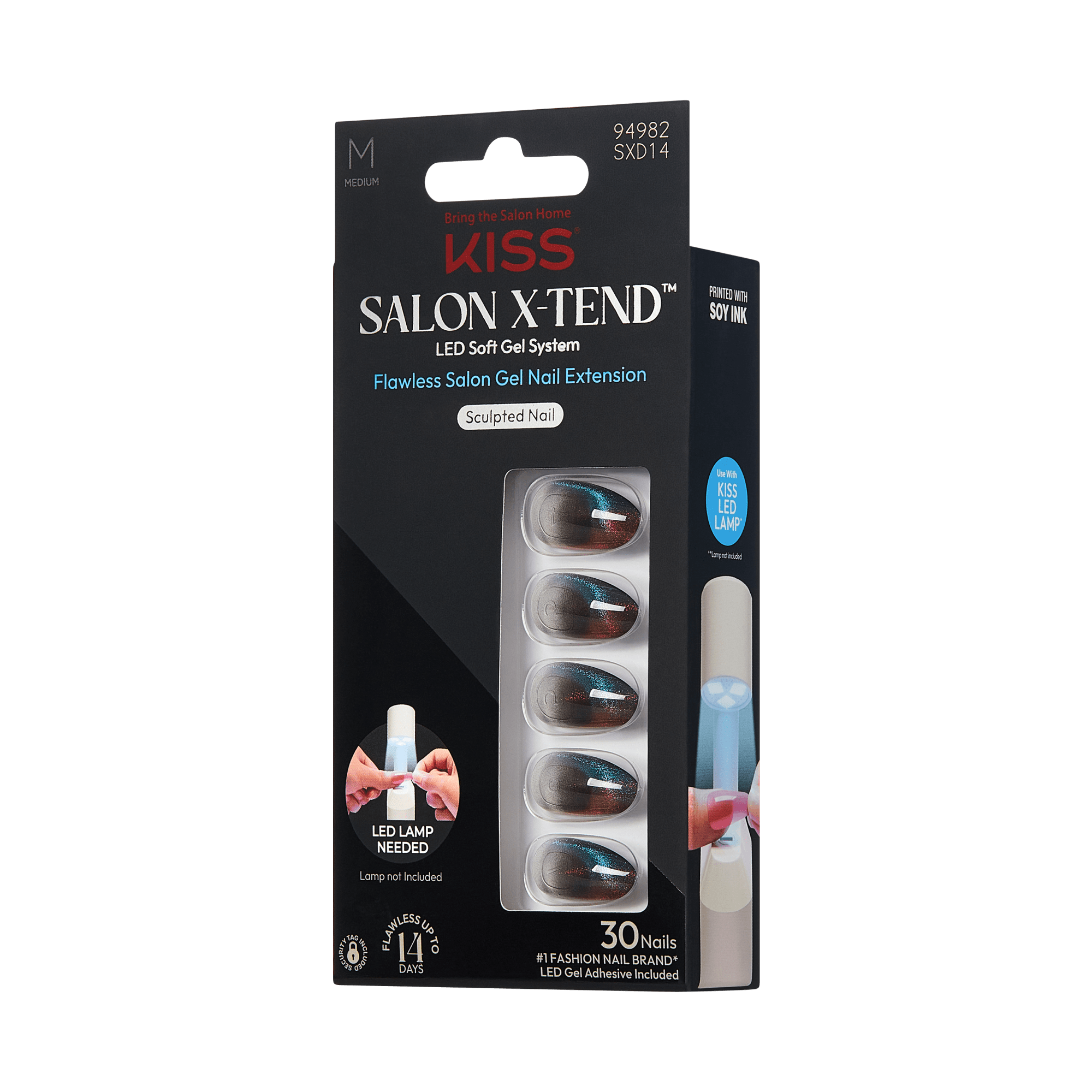 KISS Salon X-TEND medium press-on gel nails in dark ombre blue and red, packaged for LED soft gel application with 30 nails included.