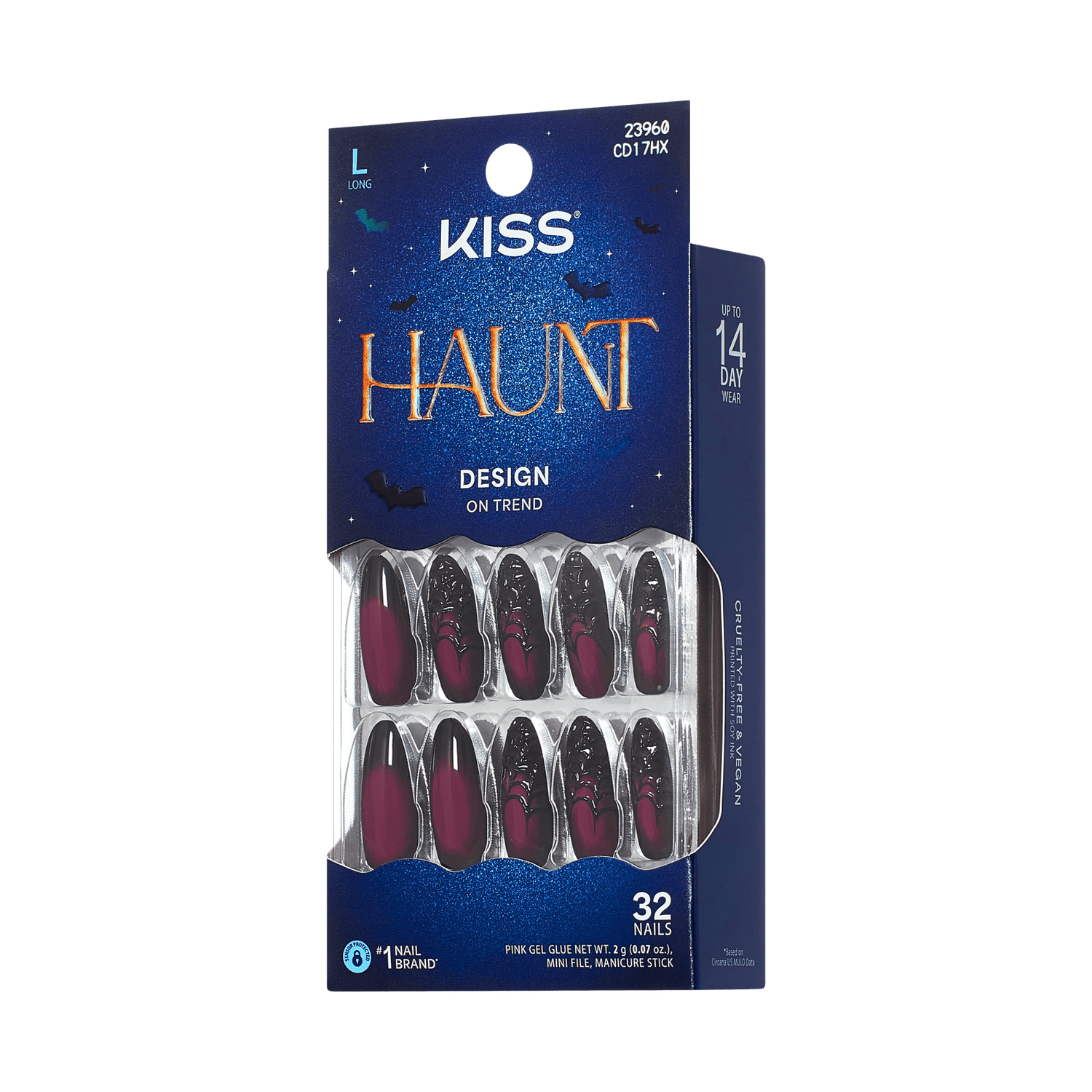 Kiss Haunt Halloween Press On Fake Glue Nails - Ghoulfriend | Design, Black &amp; Red, Long, Almond