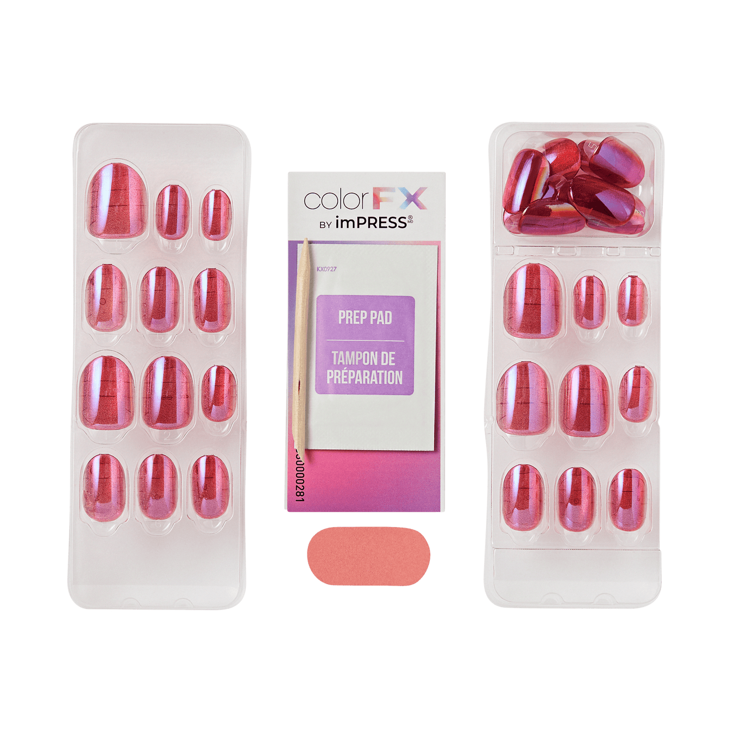 The image features a set of artificial nails from the brand imPRESS, specifically the color FX line. The package includes two trays of nails in various sizes, showcasing a gradient design that transitions from pink to purple. In the center, there is a prep pad for nail preparation, and a small adhesive tab is also visible. The overall presentation is neat and organized, highlighting the vibrant colors and the convenience of the product for nail application.