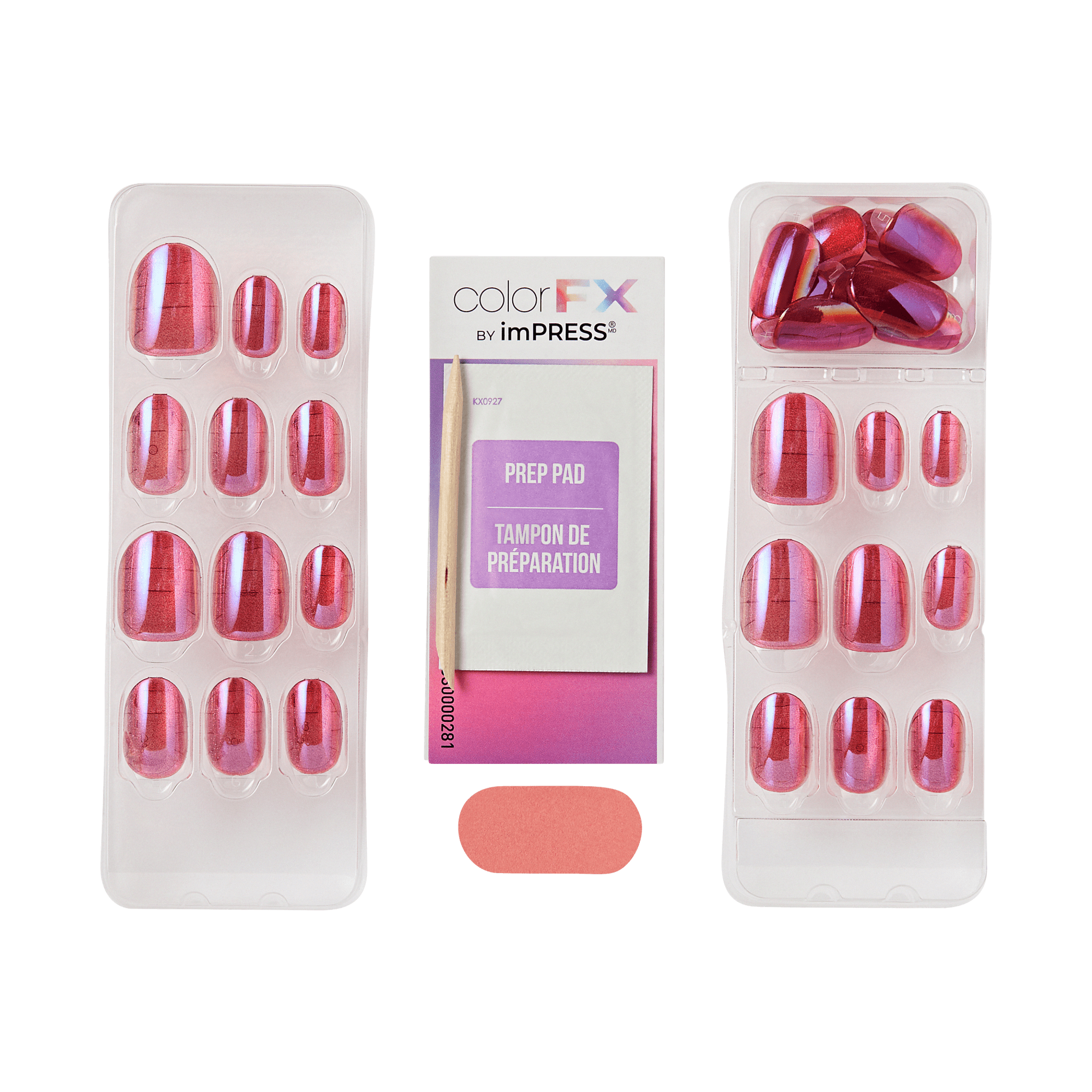The image features a set of artificial nails from the brand imPRESS, specifically the color FX line. The package includes two trays of nails in various sizes, showcasing a gradient design that transitions from pink to purple. In the center, there is a prep pad for nail preparation, and a small adhesive tab is also visible. The overall presentation is neat and organized, highlighting the vibrant colors and the convenience of the product for nail application.