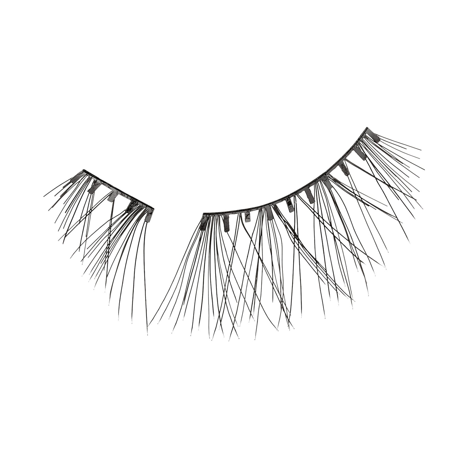 The image features a pair of false eyelashes. One strip is intact, while the other is partially separated. The lashes are long and wispy, with varying lengths that create a dramatic effect. They are black in color, designed to enhance the appearance of natural eyelashes. The overall look is glamorous and suitable for makeup applications.