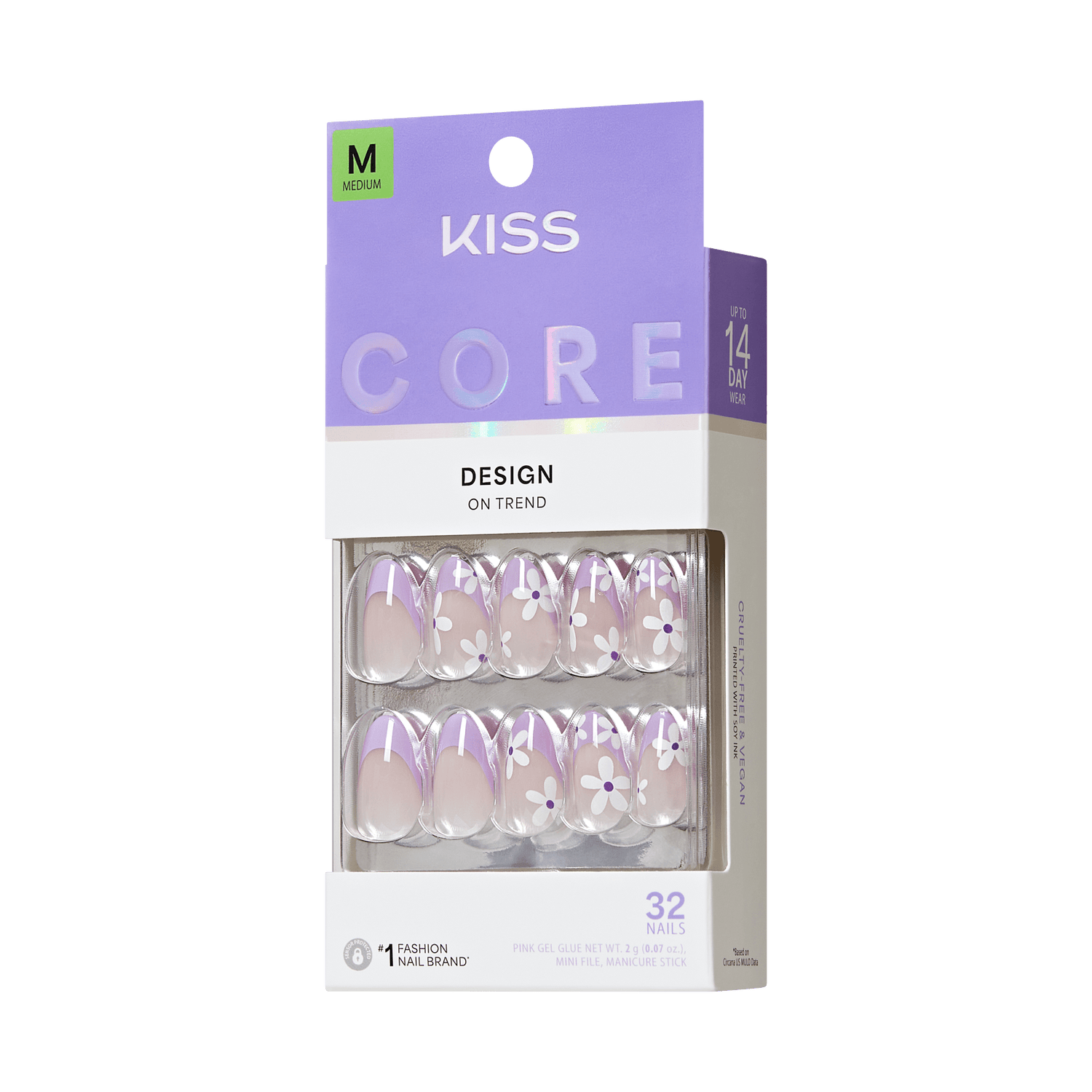KISS Core Design On Trend press-on nails, medium size, 32 nails with purple floral pattern.