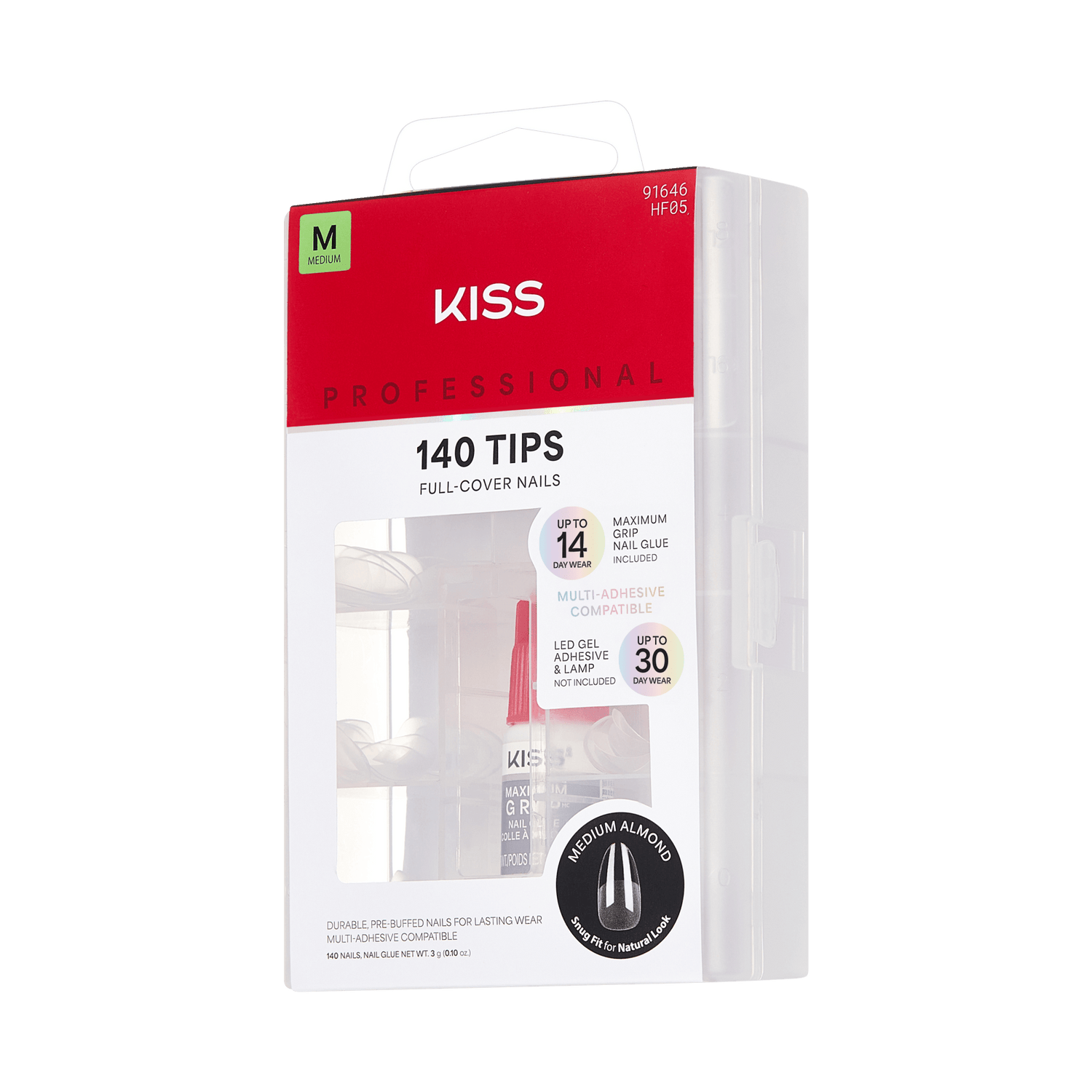 KISS Professional 140 Tips Full-Cover Nails Medium Almond, packaging with product details.