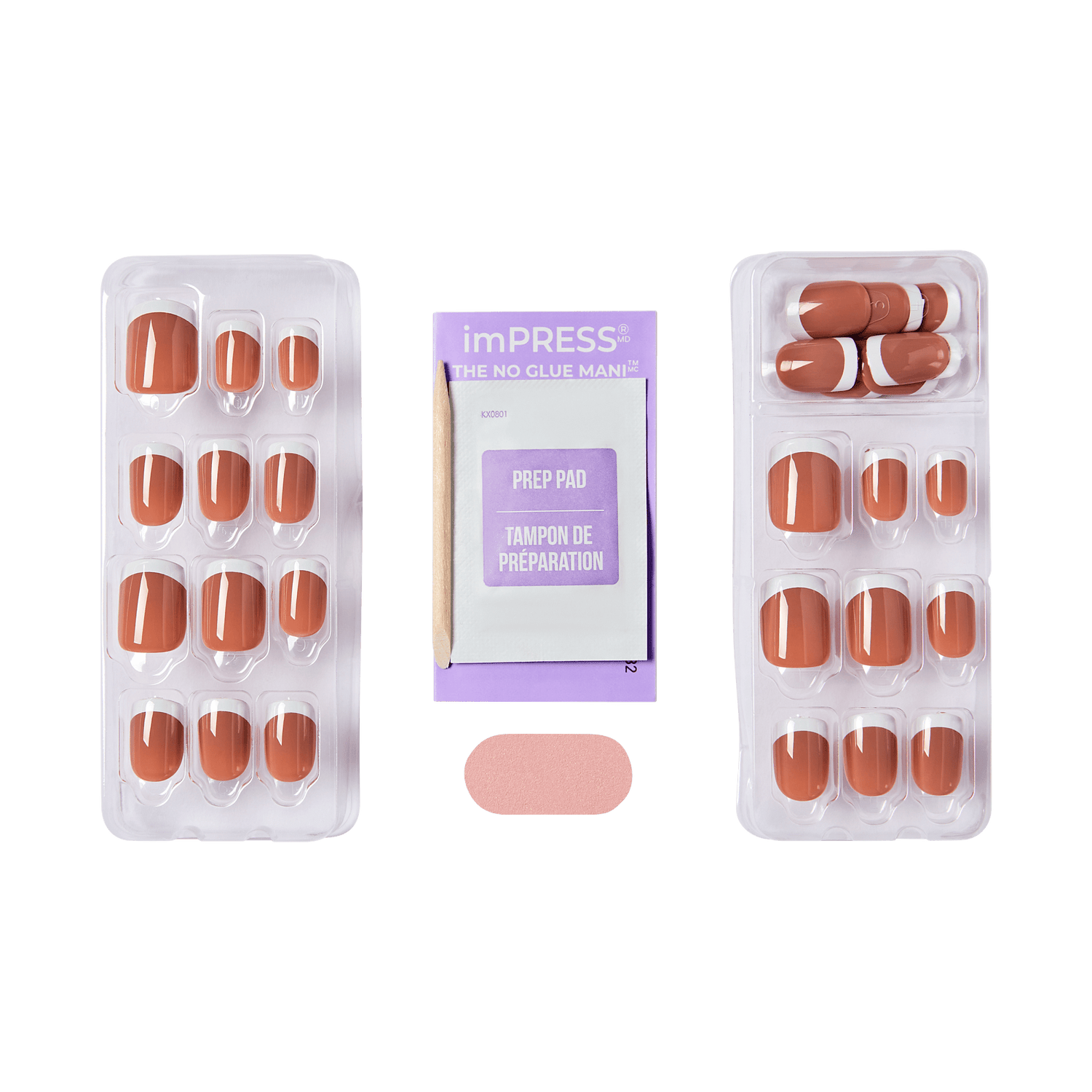 The image features a set of artificial nails arranged in two trays on either side of a prep pad. The nails are a warm, muted brown color, with some featuring a glossy finish and others having a matte appearance. In the center, there is a prep pad, which is likely used for cleaning the natural nails before application. The overall presentation suggests a manicure kit designed for easy application without the need for glue.