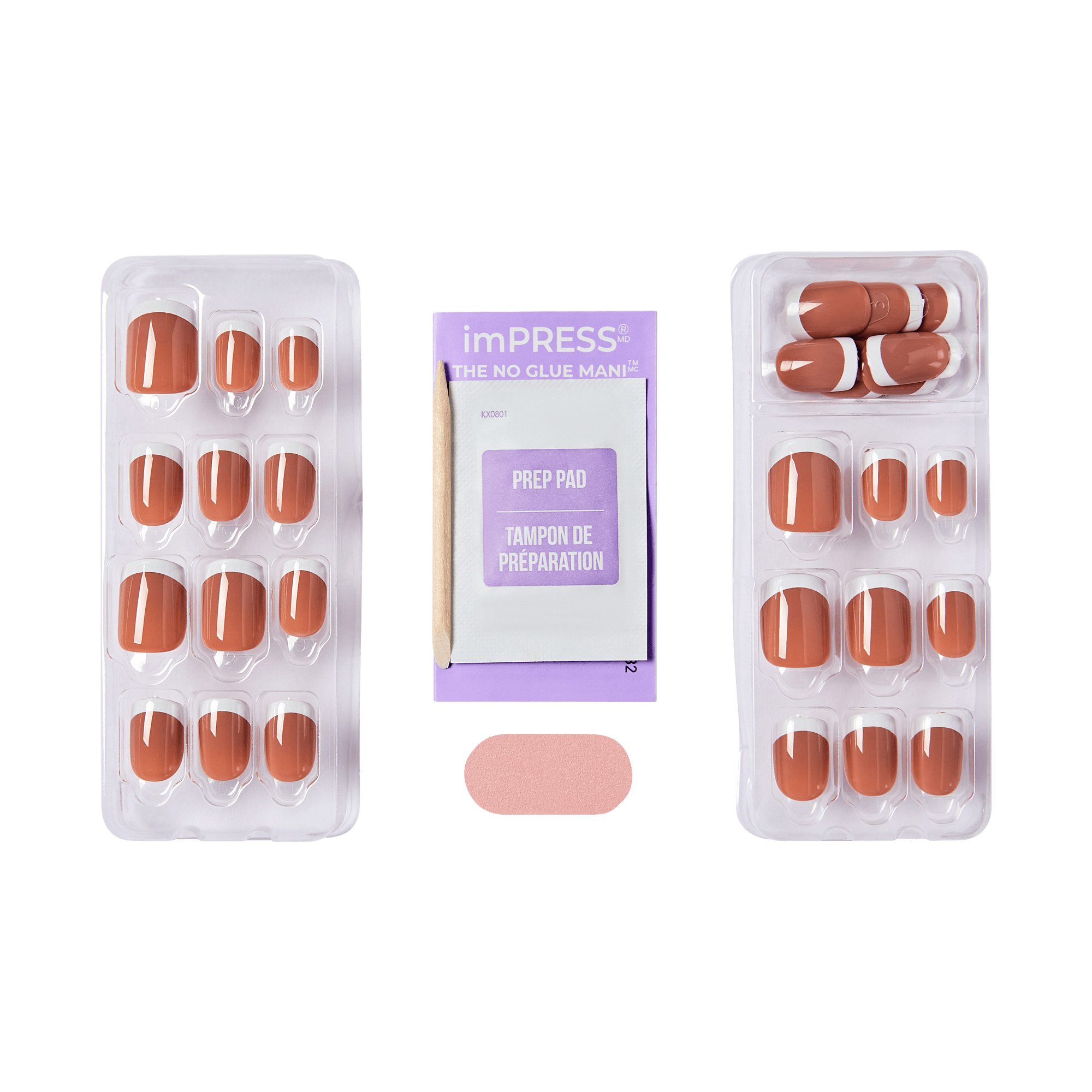 The image features a set of artificial nails arranged in two trays on either side of a prep pad. The nails are a warm, muted brown color, with some featuring a glossy finish and others having a matte appearance. In the center, there is a prep pad, which is likely used for cleaning the natural nails before application. The overall presentation suggests a manicure kit designed for easy application without the need for glue.
