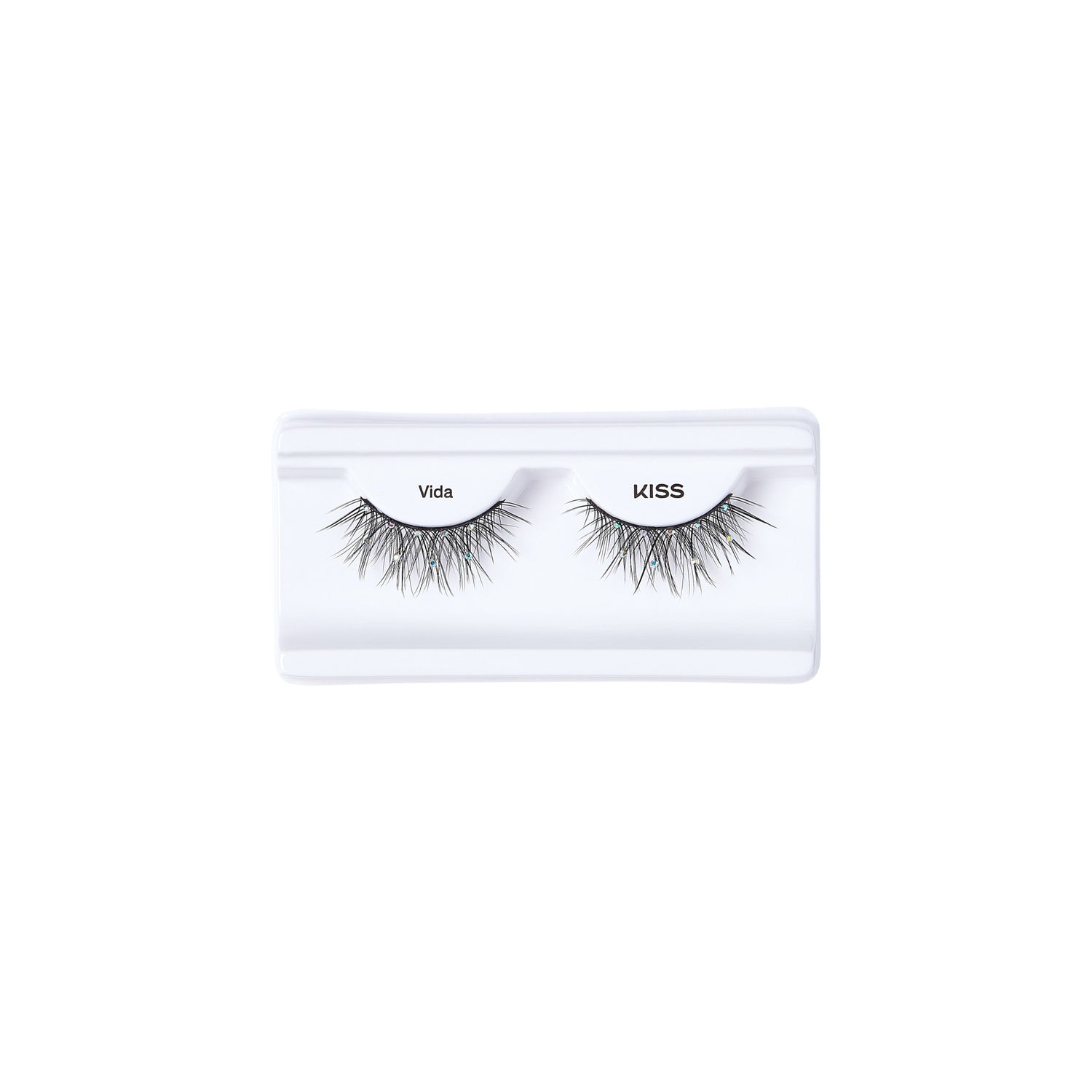 The image shows a pair of false eyelashes in a white plastic case. The eyelashes are labeled "Vida" on the left and "KISS" on the right. The lashes are long and voluminous, with a wispy, natural look. The packaging is simple and minimalistic, focusing attention on the eyelashes themselves.