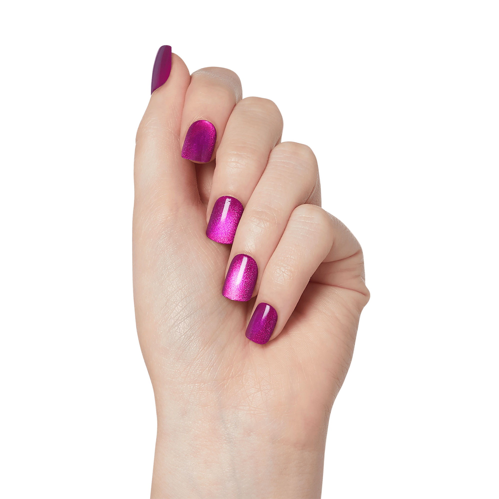 The image shows a close-up of a hand with neatly manicured nails. The nails are painted with a glossy, metallic magenta nail polish. The hand is positioned with the fingers slightly bent, and the thumb is visible on the left side. The skin tone is light, and the background is plain white, which highlights the vibrant color of the nail polish.