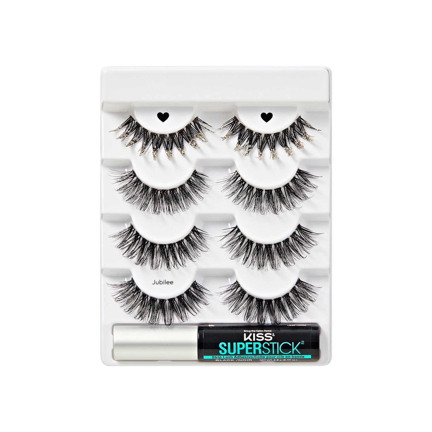 Kiss Superstick lash kit with 4 pairs of black false eyelashes and adhesive