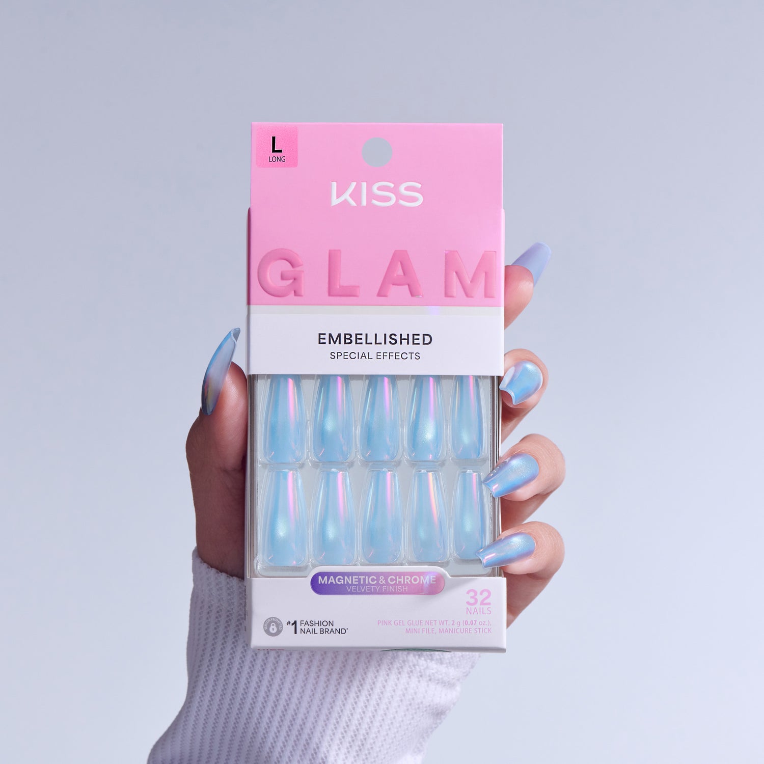 KISS Glam Embellished Long Nails, Magnetic &amp; Chrome, 32 pieces
