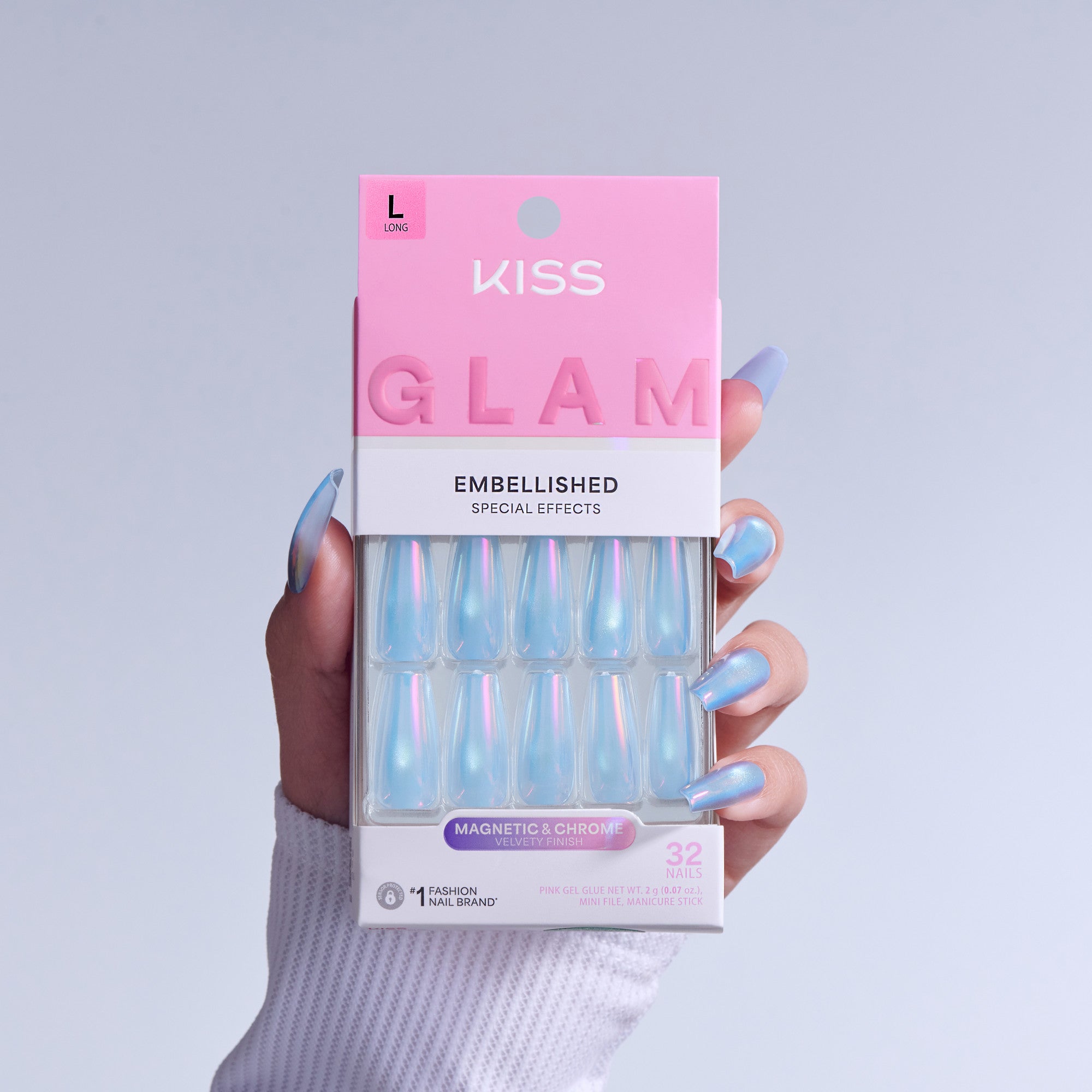 KISS Glam Embellished Long Nails, Magnetic &amp; Chrome, 32 pieces