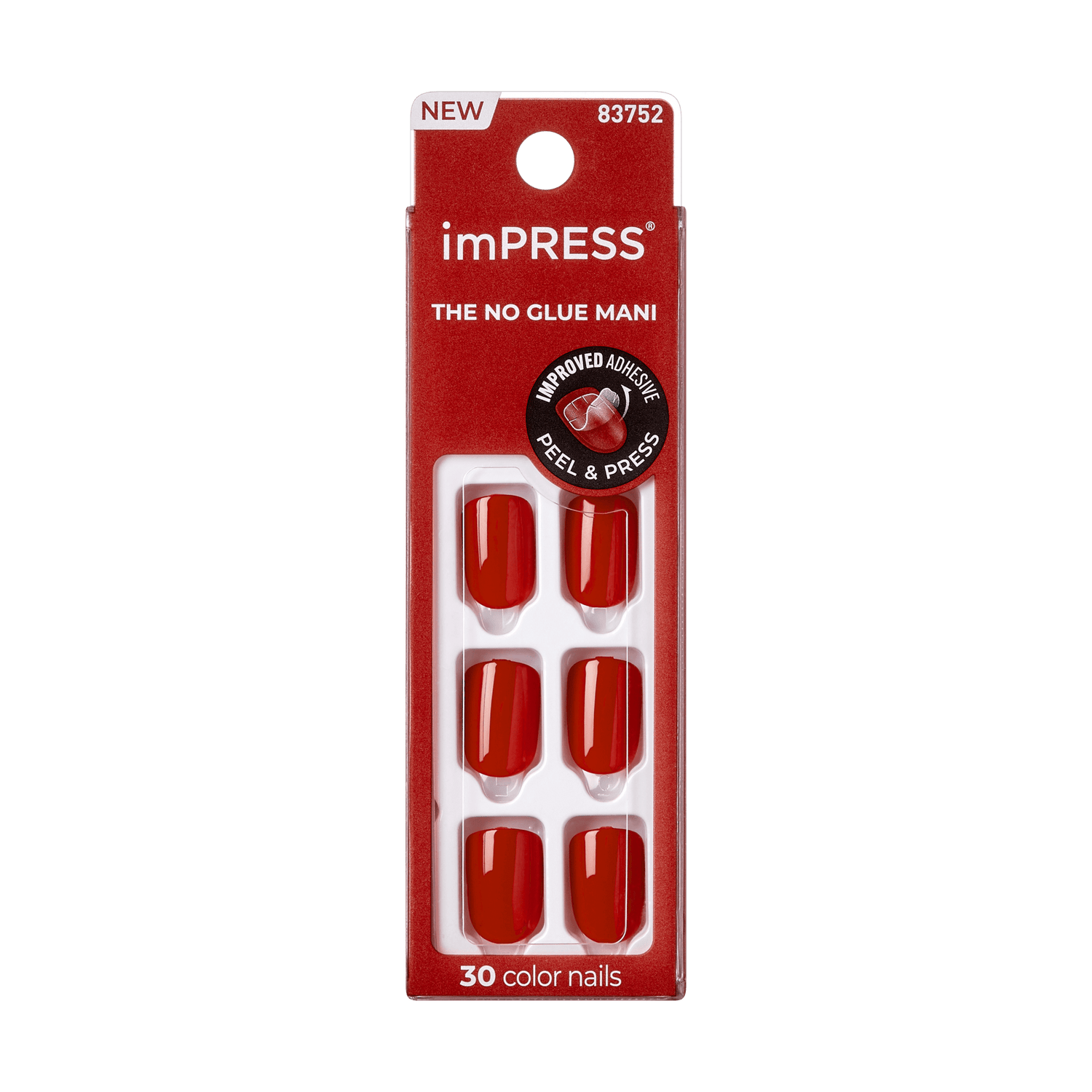 The image shows a package of imPRESS press-on nails. The packaging is predominantly red and white. At the top, it has the word "NEW" and the product number "83752". Below that, the brand name "imPRESS" is prominently displayed, followed by the tagline "THE NO GLUE MANI". There is a circular label indicating "IMPROVED ADHESIVE PEEL &amp; PRESS". The package contains 30 color nails, and six of the nails are visible through a transparent window, showcasing a glossy red color.