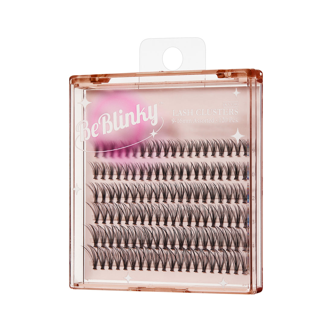 The image features a clear plastic packaging containing lash clusters from the brand "Be Blinky." The packaging is designed with a soft pink background and the brand name prominently displayed in a playful font. Inside, there are multiple rows of individual lash clusters, showcasing a variety of lengths and styles. The lashes appear to be dark and fluffy, ideal for enhancing the eyes. The overall presentation is neat and appealing, aimed at beauty enthusiasts looking for customizable lash options.