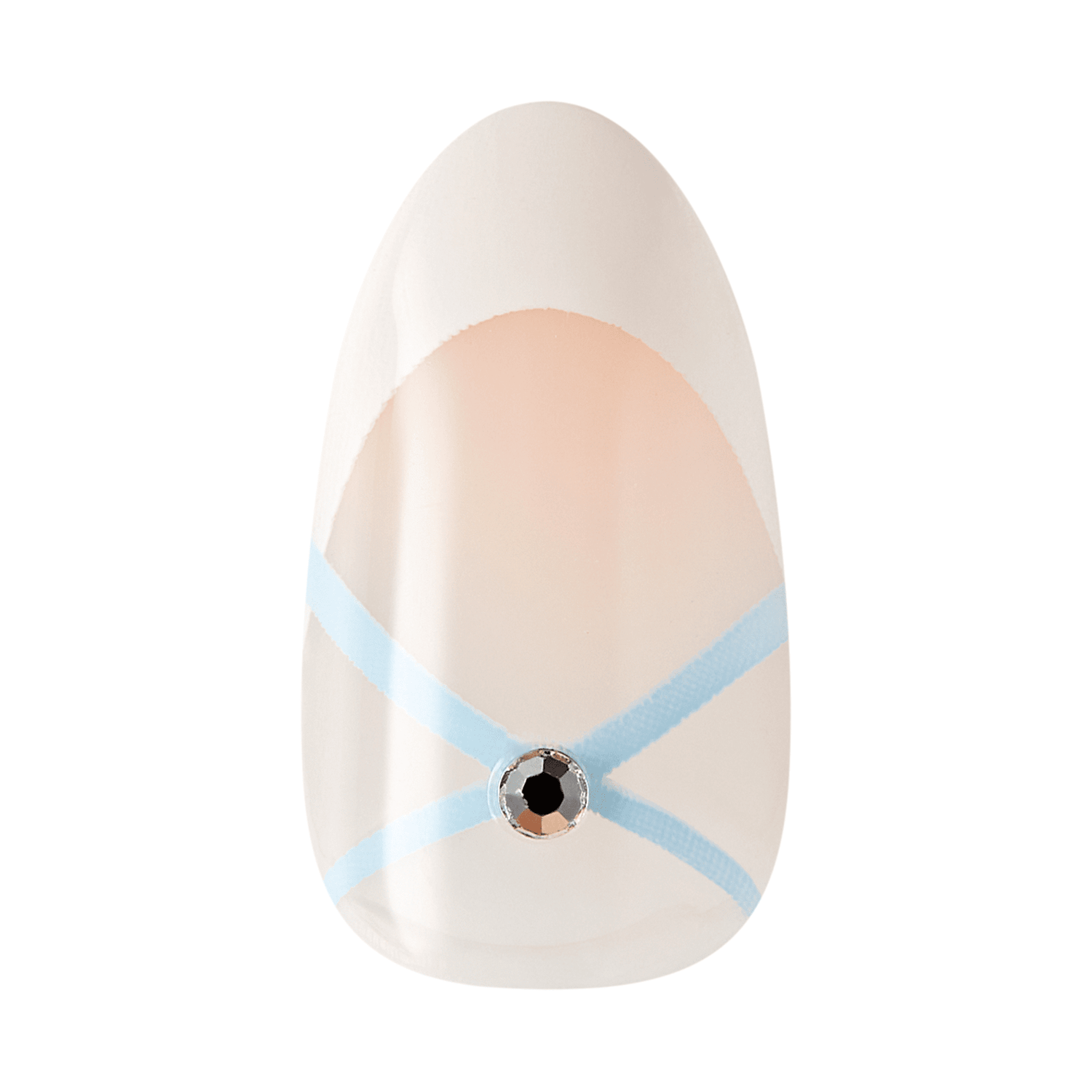 The image features a nail design displayed on a nail tip. The base of the nail is a translucent or clear color, with a soft peach or nude gradient towards the cuticle area. A light blue stripe runs diagonally across the nail, intersecting at the center. At the intersection point, there is a decorative embellishment, likely a gem or rhinestone, which is black with a silver or metallic setting. The overall design is elegant and modern, combining simplicity with a touch of sparkle.