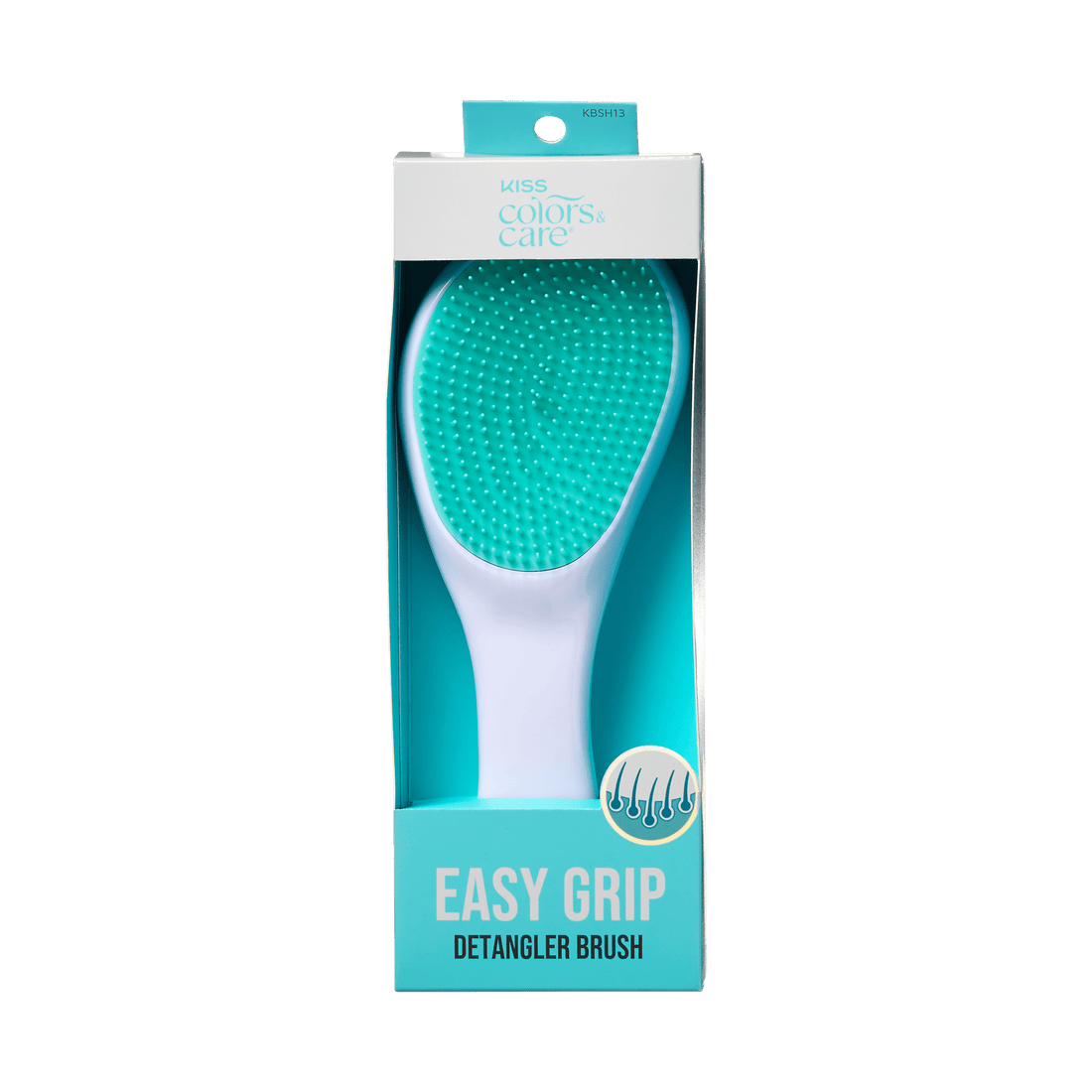 KISS Colors &amp; Care Easy Grip Detangler Brush in white with turquoise bristles, shown in turquoise and white packaging with product name and hair detangling icon.
