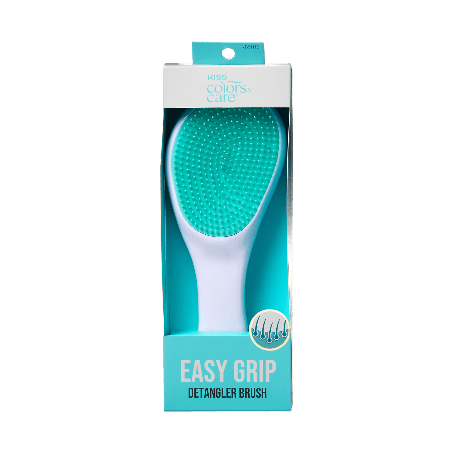 KISS Colors &amp; Care Easy Grip Detangler Brush in white with turquoise bristles, shown in turquoise and white packaging with product name and hair detangling icon.
