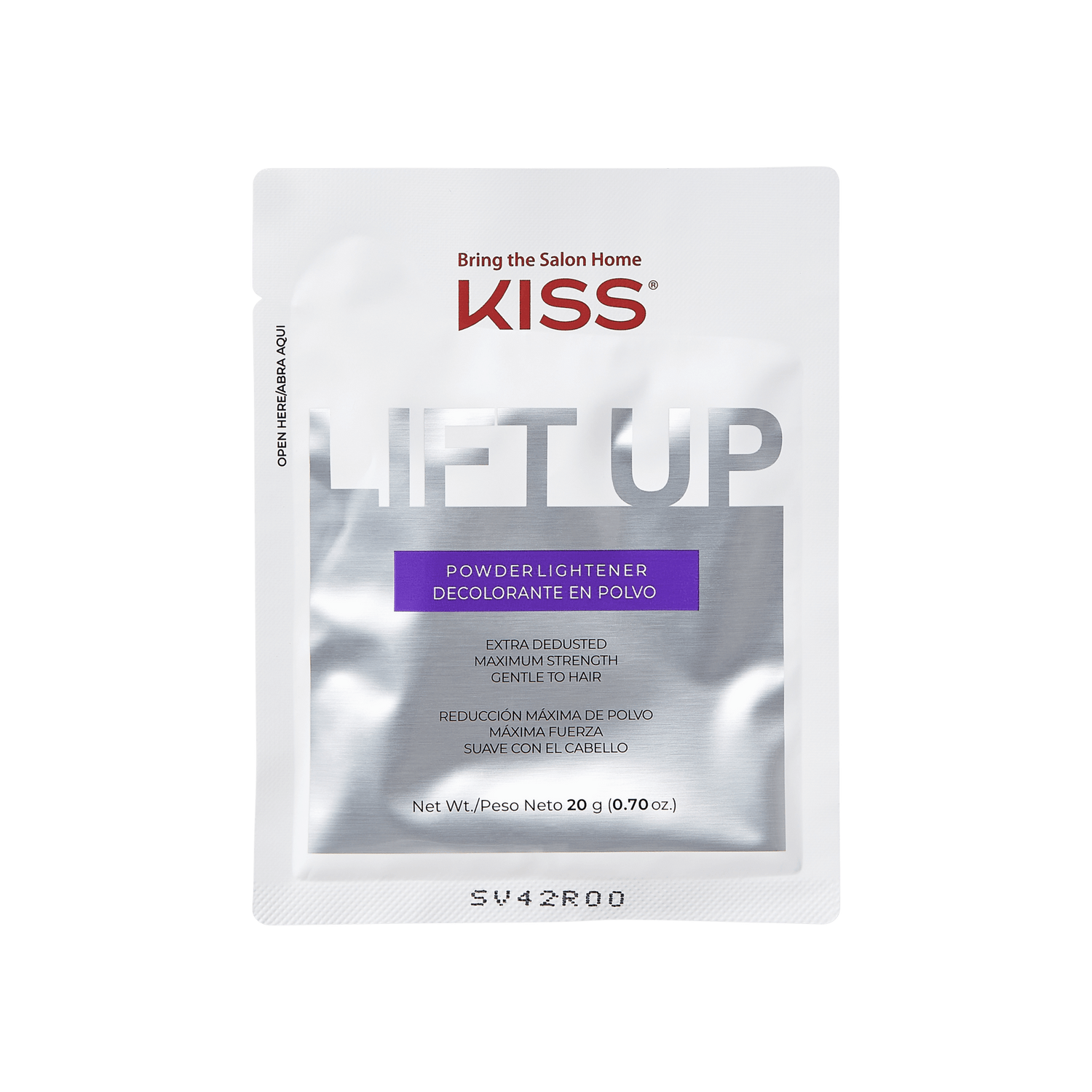 KISS Lift Up powder lightener sachet in white and silver packaging with purple label, claims extra dedusted, maximum strength, and gentle to hair.