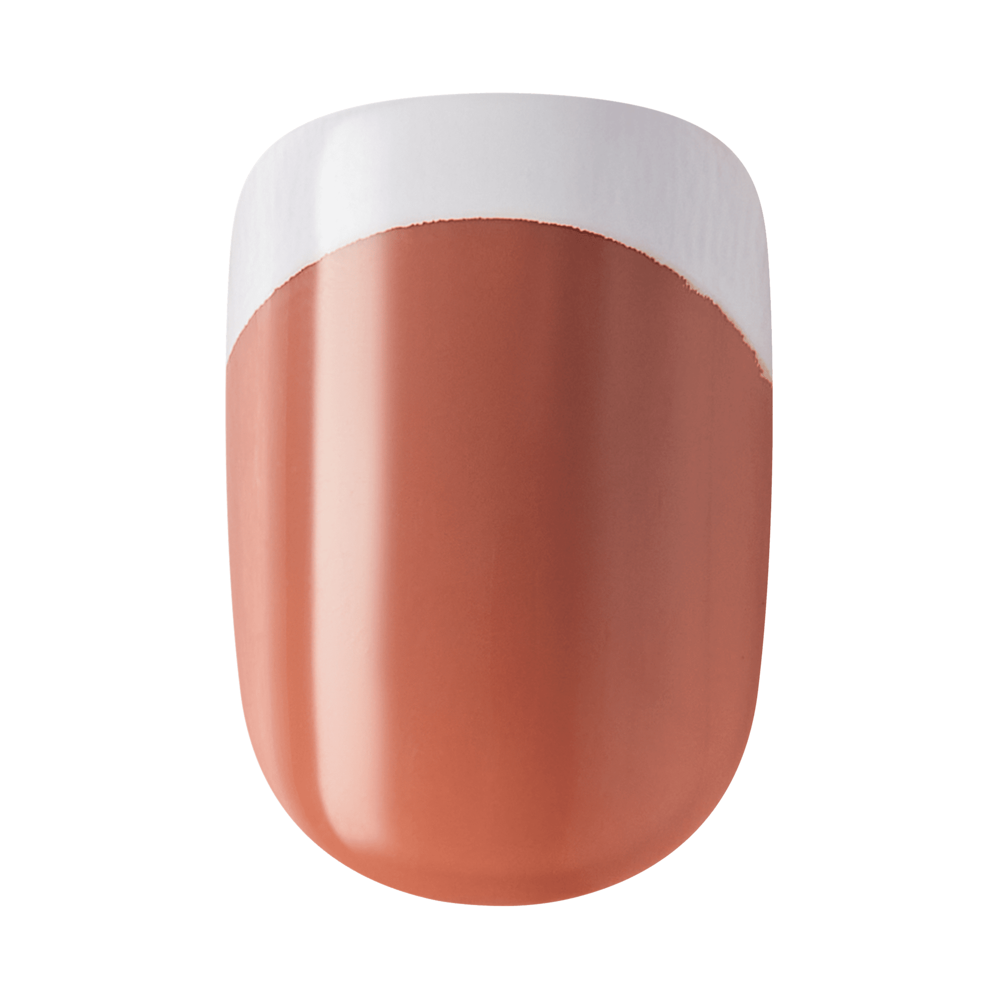 The image features a nail design showcasing a rounded nail tip. The base color is a warm, muted terracotta shade, while the tip is painted in a crisp white, creating a stylish contrast. The overall look is modern and chic, perfect for a trendy manicure.