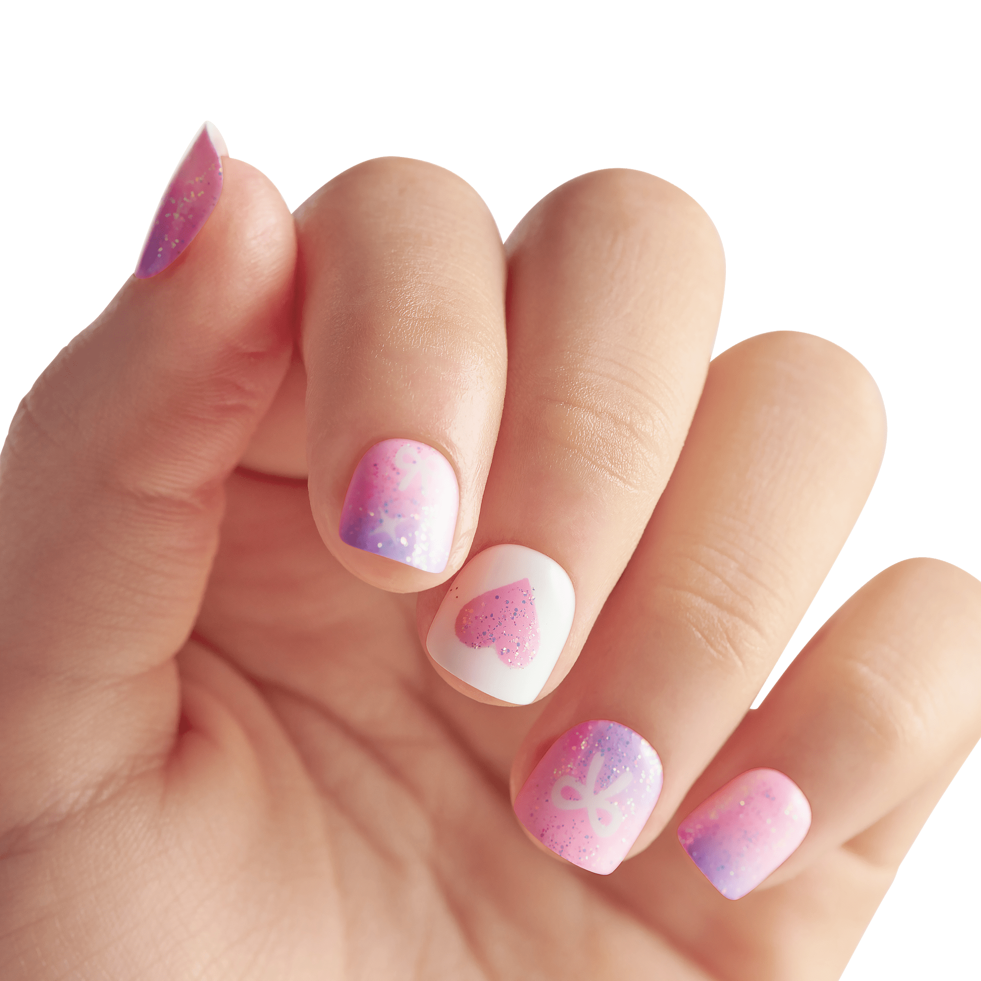 Manicured nails with pink and purple watercolor nail art designs on white base.
