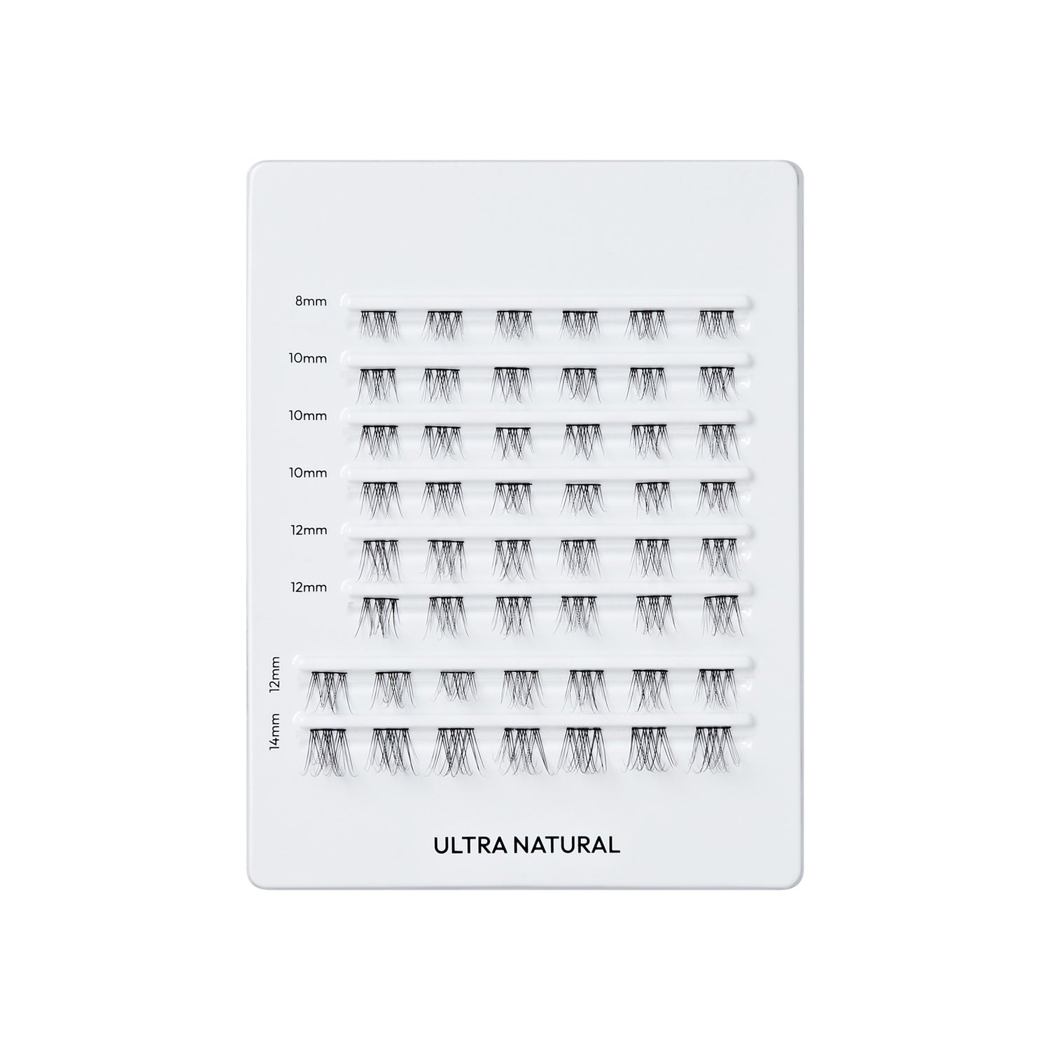 Ultra Natural lash palette displaying 8mm to 14mm lash styles in various densities and lengths.