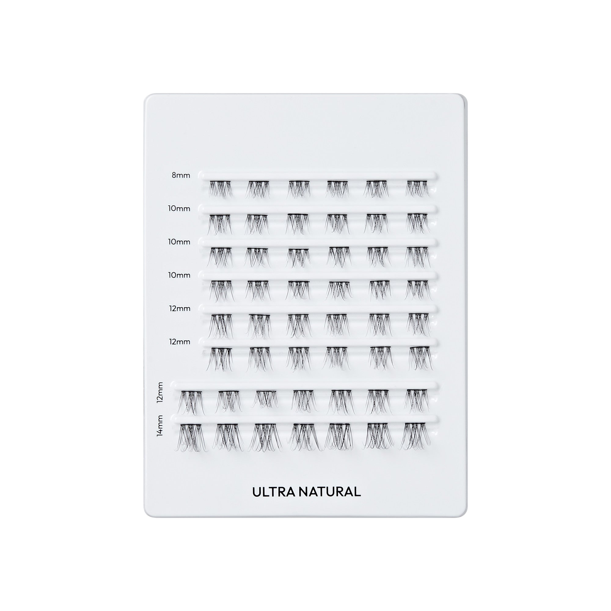 Ultra Natural lash palette displaying 8mm to 14mm lash styles in various densities and lengths.