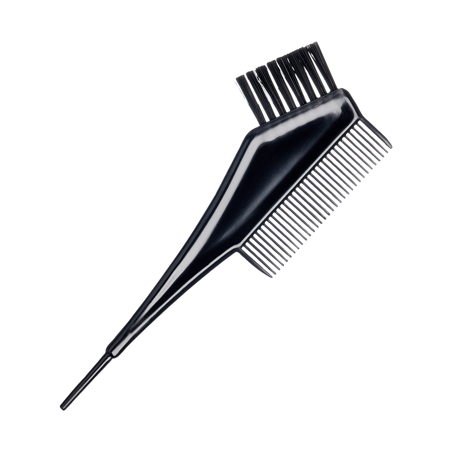 Black plastic hair dye applicator brush with a pointed tail, wide bristles on one side, and fine teeth comb on the other side.
