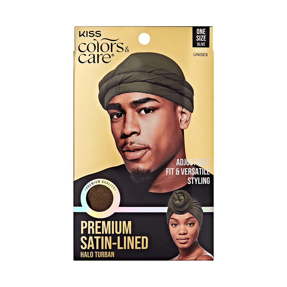 KISS Colors &amp; Care packaging showing olive satin-lined halo turban worn by man and woman, labeled "Adjustable fit &amp; versatile styling."