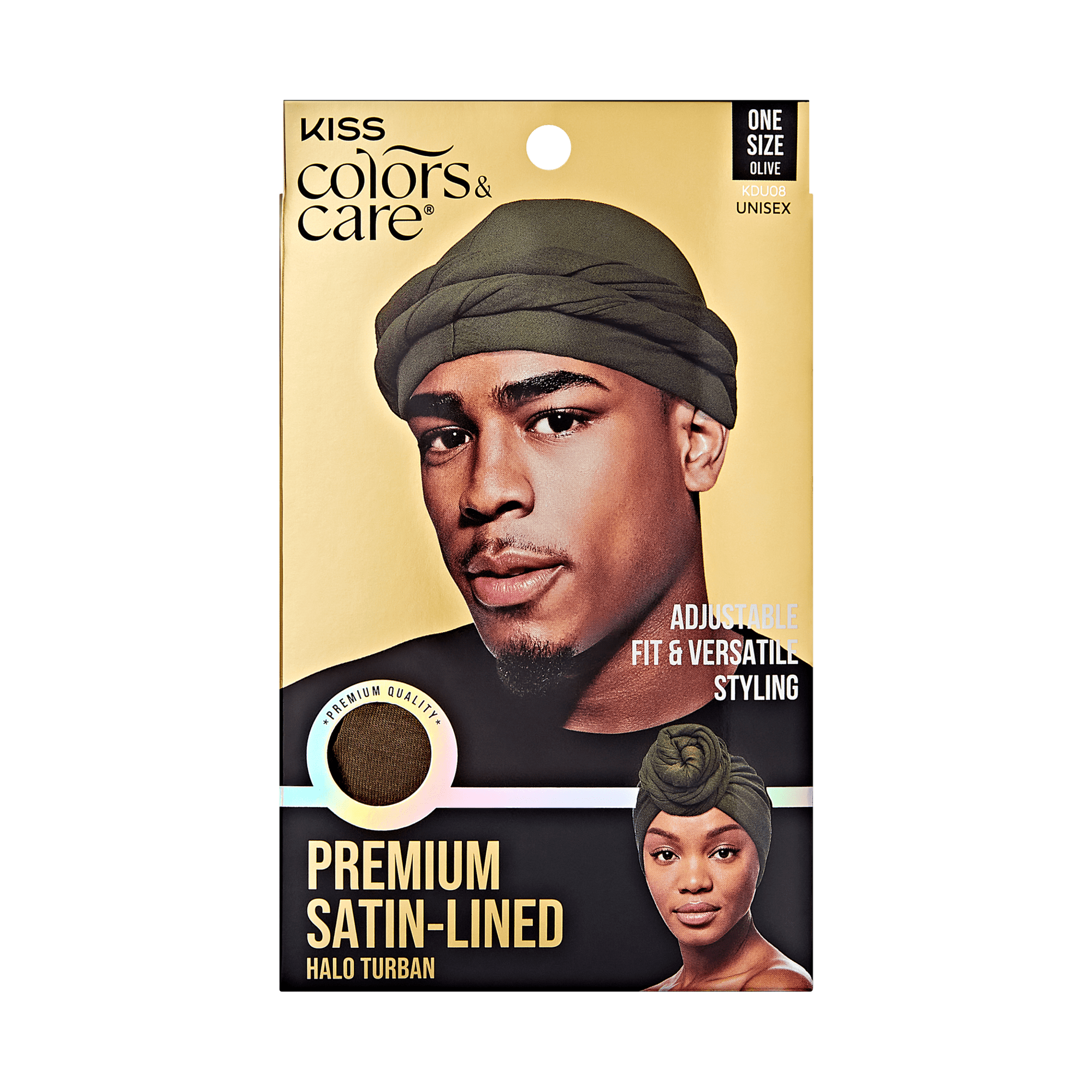KISS Colors &amp; Care packaging showing olive satin-lined halo turban worn by man and woman, labeled "Adjustable fit &amp; versatile styling."