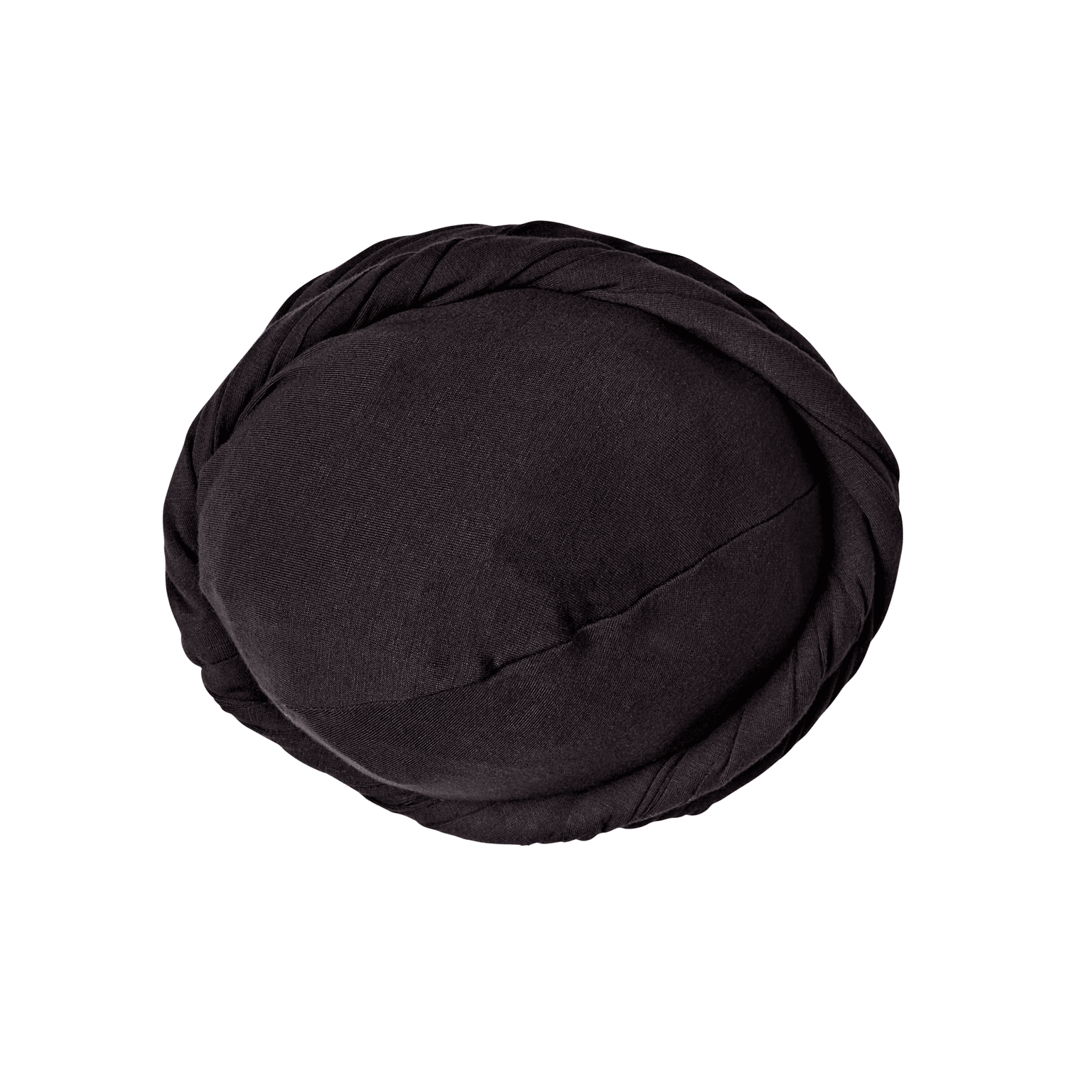 Black premium satin-lined halo turban with a twisted band design, shown from the top in a pre-tied one-size-fits-all style.