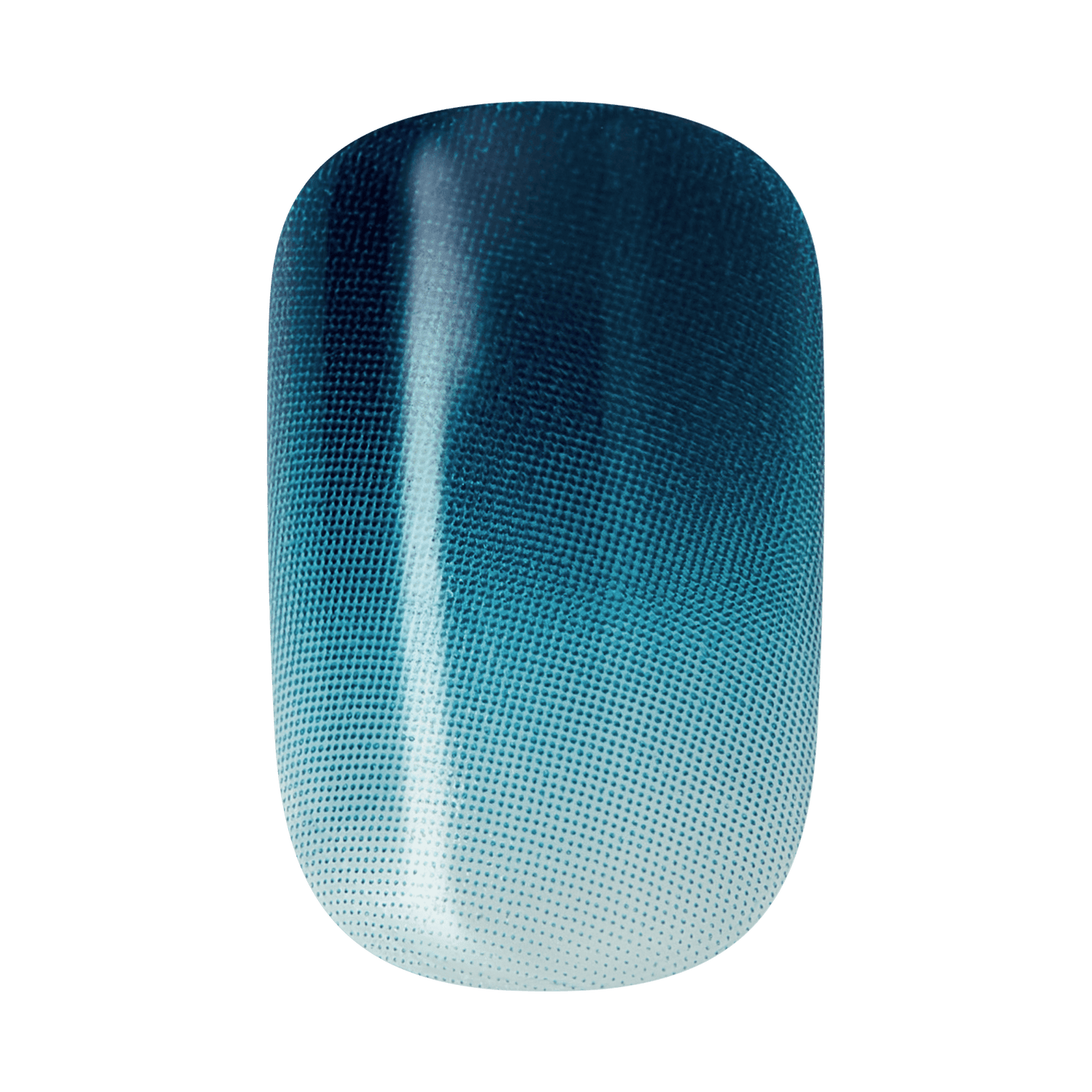 Gradient nail polish swatch, deep teal to light blue ombre finish.