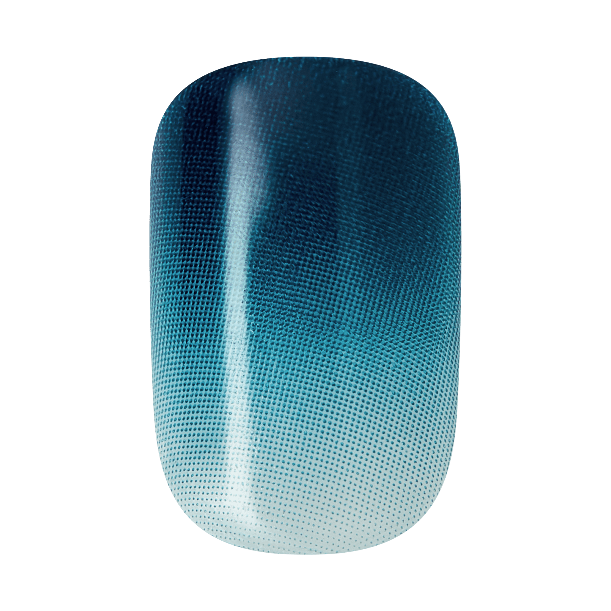 Gradient nail polish swatch, deep teal to light blue ombre finish.