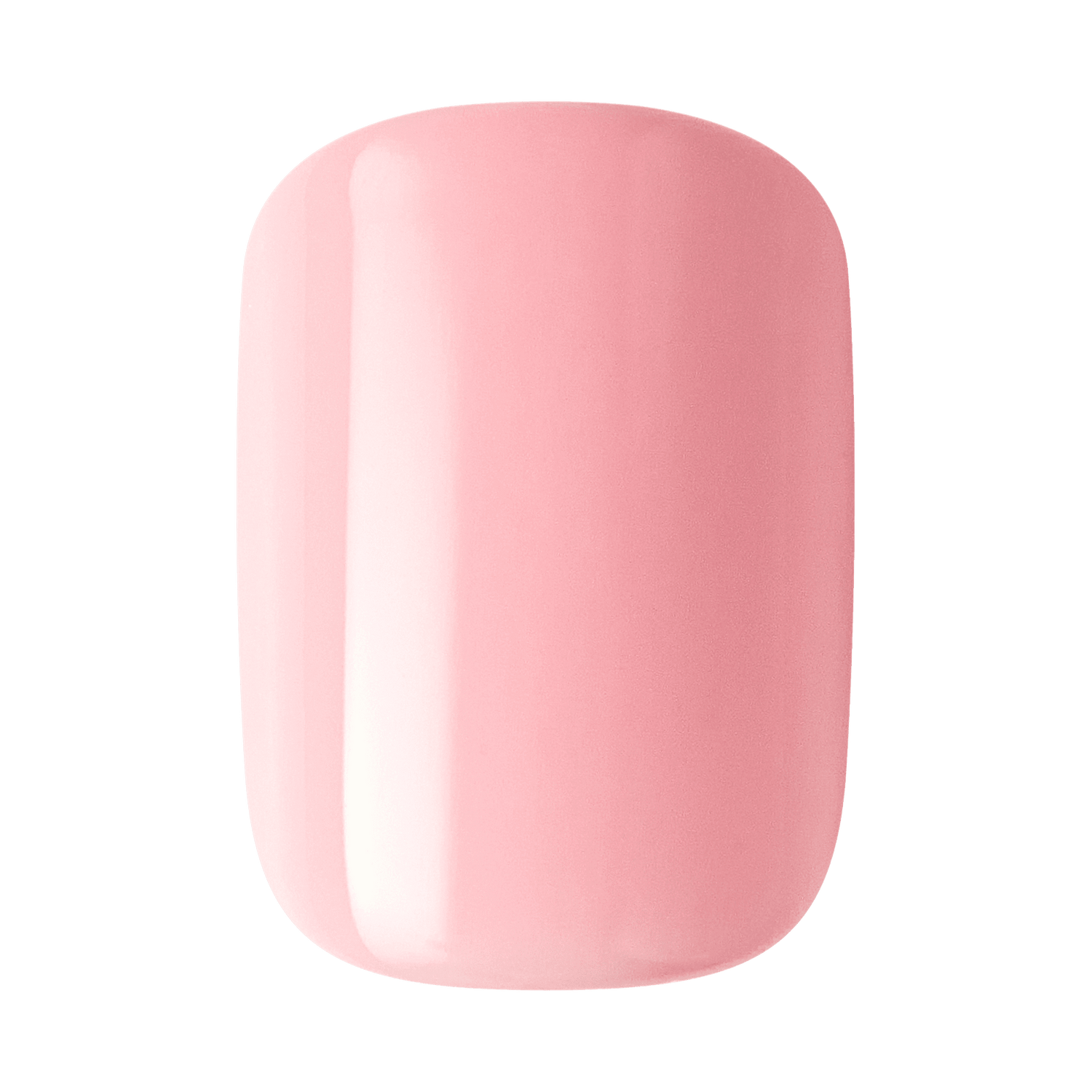 The image shows a close-up of a single artificial nail. The nail is painted in a glossy, pastel pink color. The surface of the nail is smooth and shiny, reflecting light, which gives it a polished and well-manicured appearance. The shape of the nail is slightly rounded at the edges, typical of a natural nail shape.