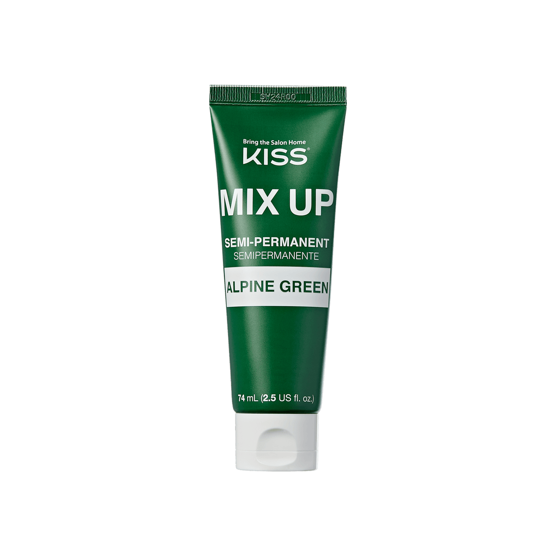 The image shows a green tube of hair dye from the brand "KISS." The product is named "MIX UP" and is a semi-permanent hair color. The specific shade is "Alpine Green." The tube has a white cap at the bottom and contains 74 ml (2.5 US fl. oz.) of product. The text on the tube is primarily white, with some smaller text in green.