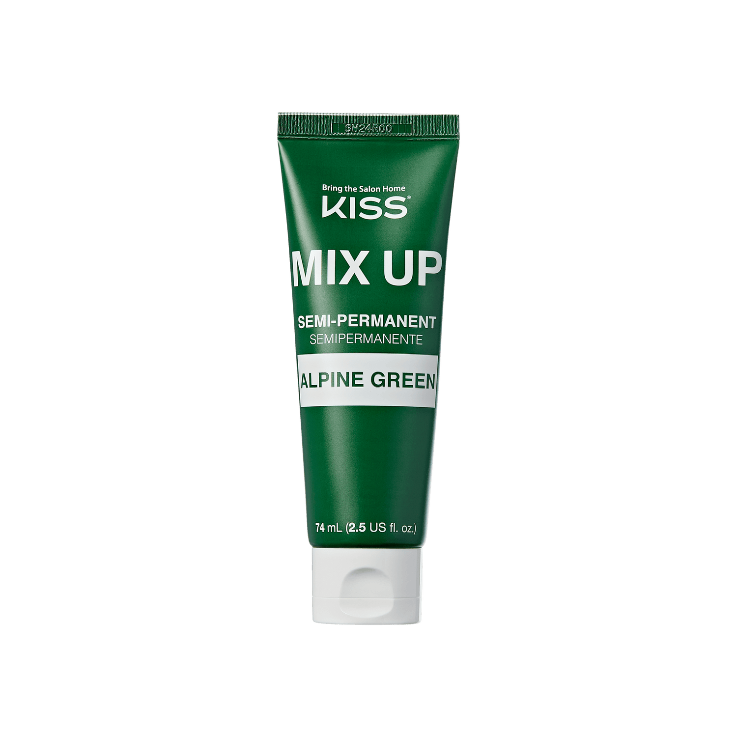 The image shows a green tube of hair dye from the brand "KISS." The product is named "MIX UP" and is a semi-permanent hair color. The specific shade is "Alpine Green." The tube has a white cap at the bottom and contains 74 ml (2.5 US fl. oz.) of product. The text on the tube is primarily white, with some smaller text in green.