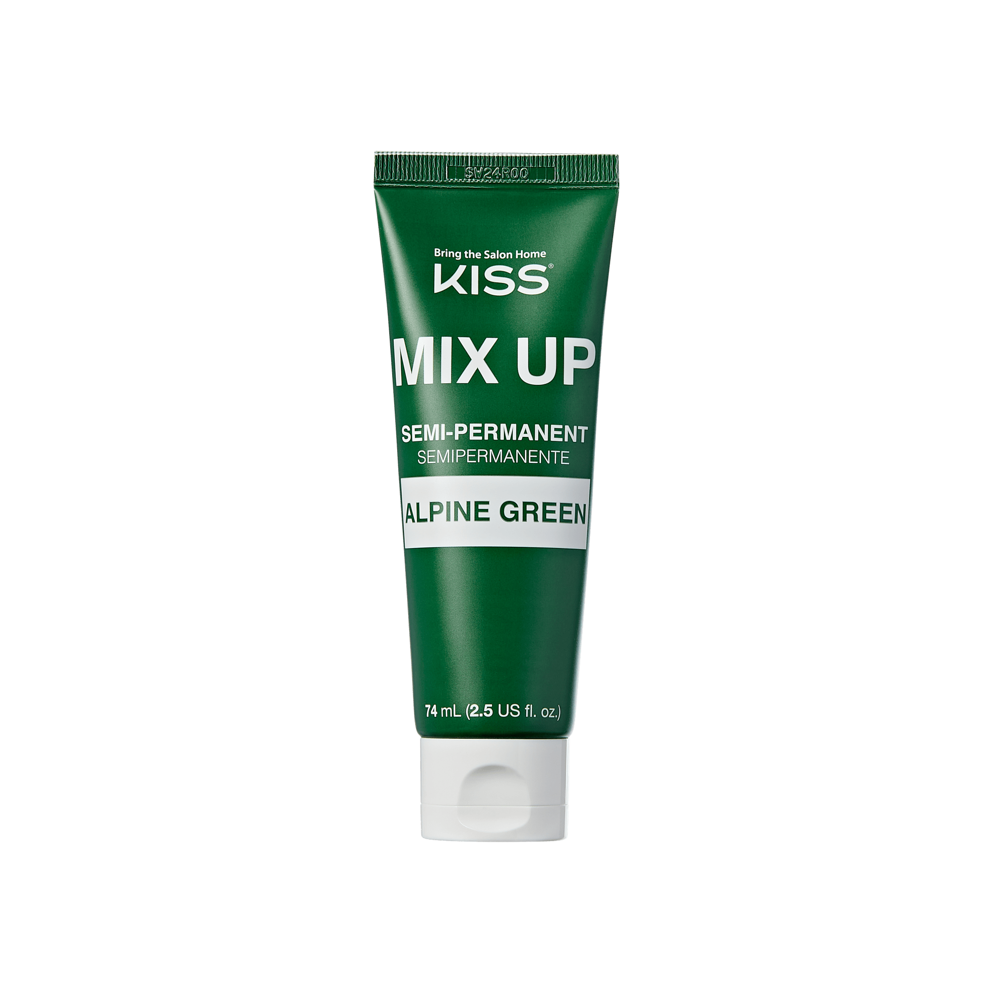 The image shows a green tube of hair dye from the brand "KISS." The product is named "MIX UP" and is a semi-permanent hair color. The specific shade is "Alpine Green." The tube has a white cap at the bottom and contains 74 ml (2.5 US fl. oz.) of product. The text on the tube is primarily white, with some smaller text in green.