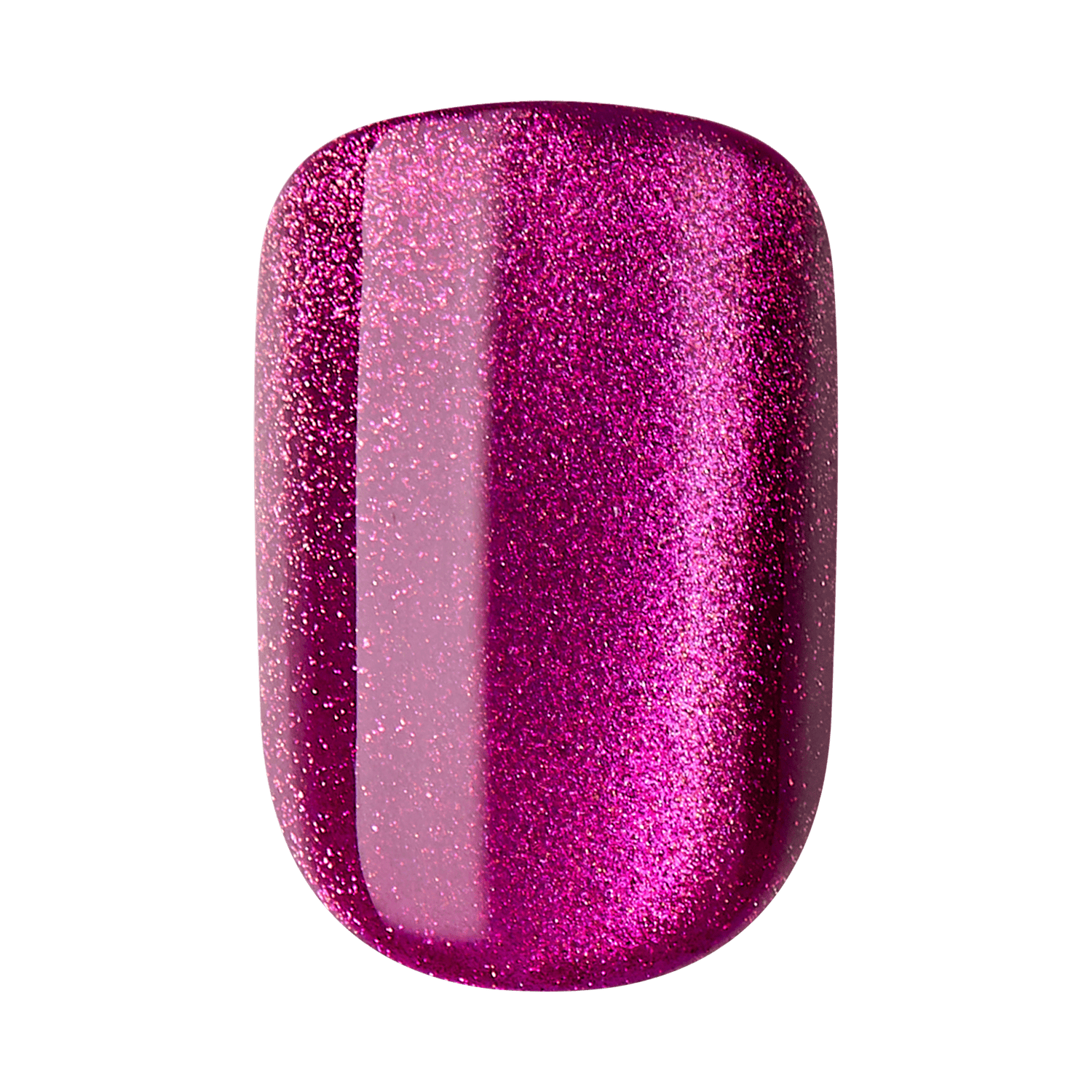 The image shows a close-up of a single fingernail painted with a vibrant, glittery magenta nail polish. The polish has a glossy finish, reflecting light and creating a shiny, sparkling effect. The color is rich and bold, with fine glitter particles evenly distributed throughout, giving the nail a glamorous and eye-catching appearance. The shape of the nail is well-manicured, with smooth edges and a slightly rounded tip.