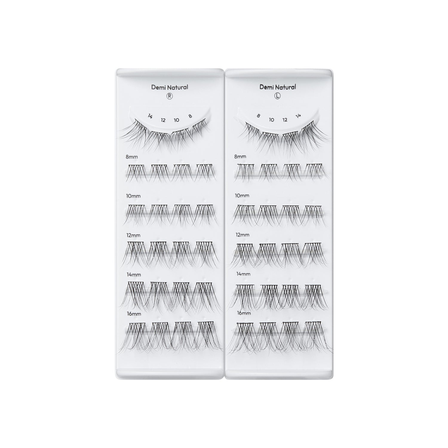 Demi Natural false eyelash palette displaying multiple styles in 8mm-16mm lengths for both eyes.
