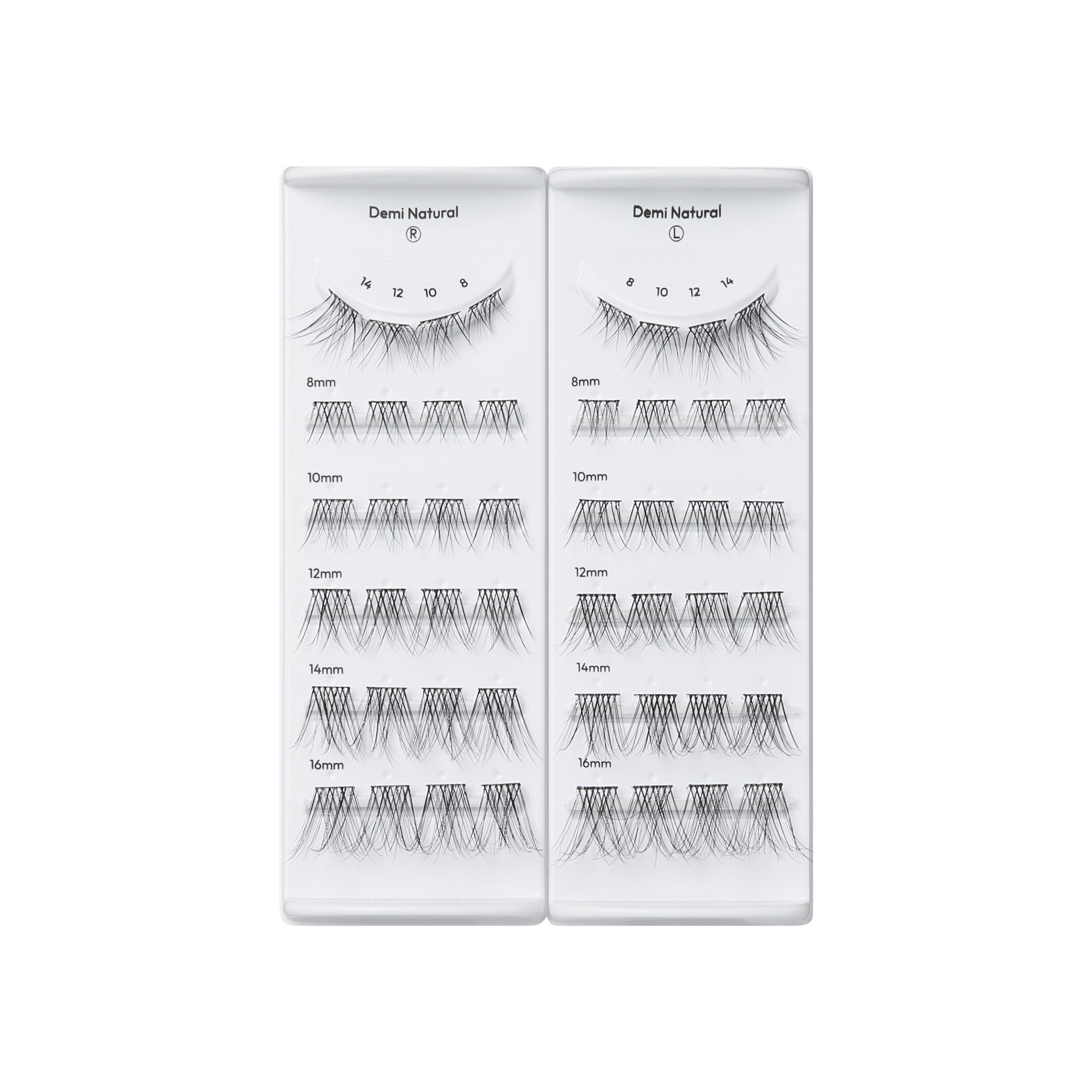 Demi Natural false eyelash palette displaying multiple styles in 8mm-16mm lengths for both eyes.